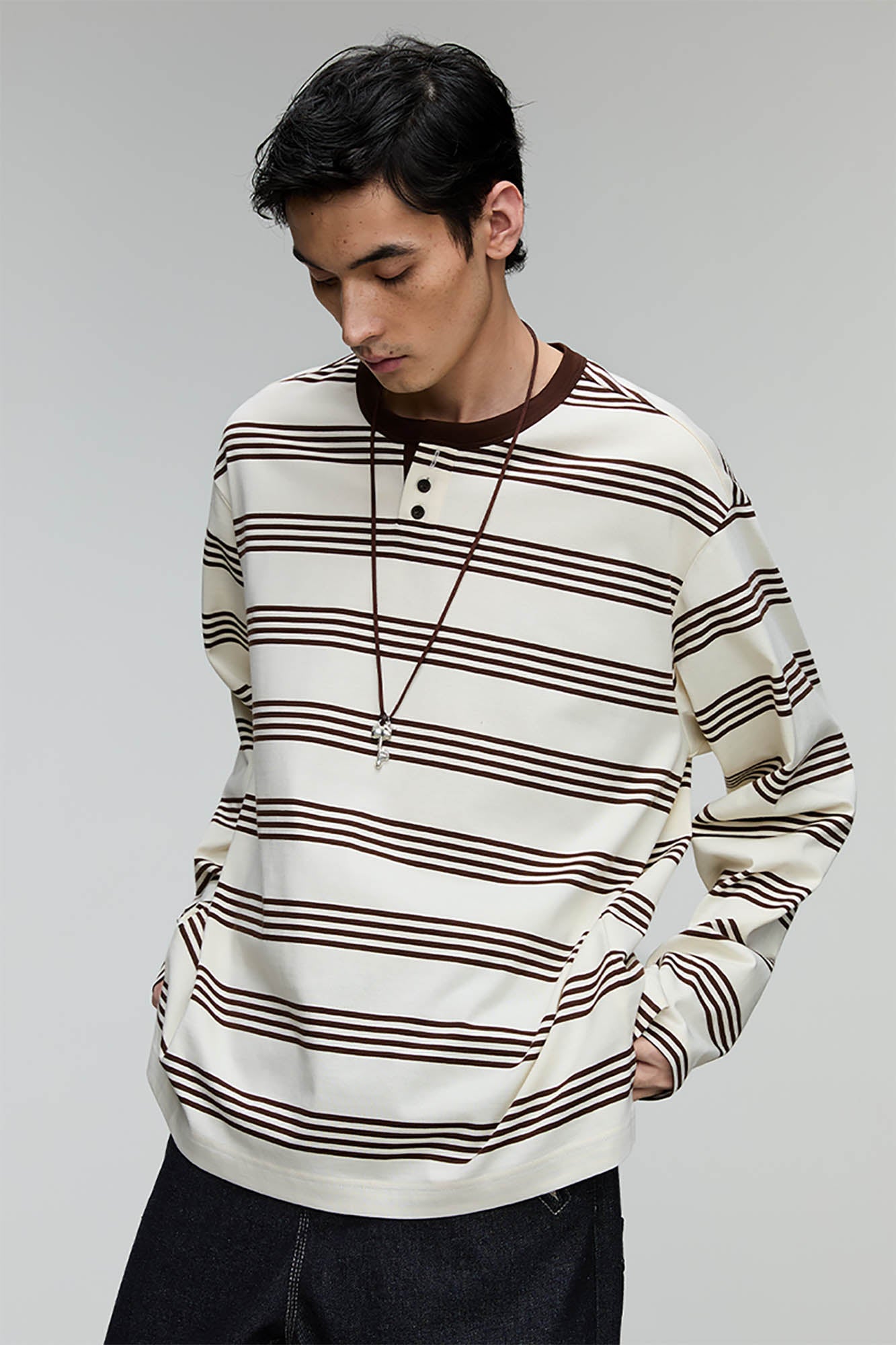 OPICLOTH Striped Henley Long-Sleeve Tee