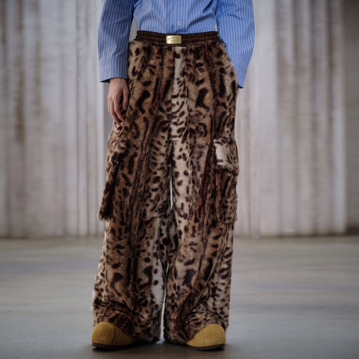 FACEONLAB Leopard Faux Fur Oversized Pants, XL