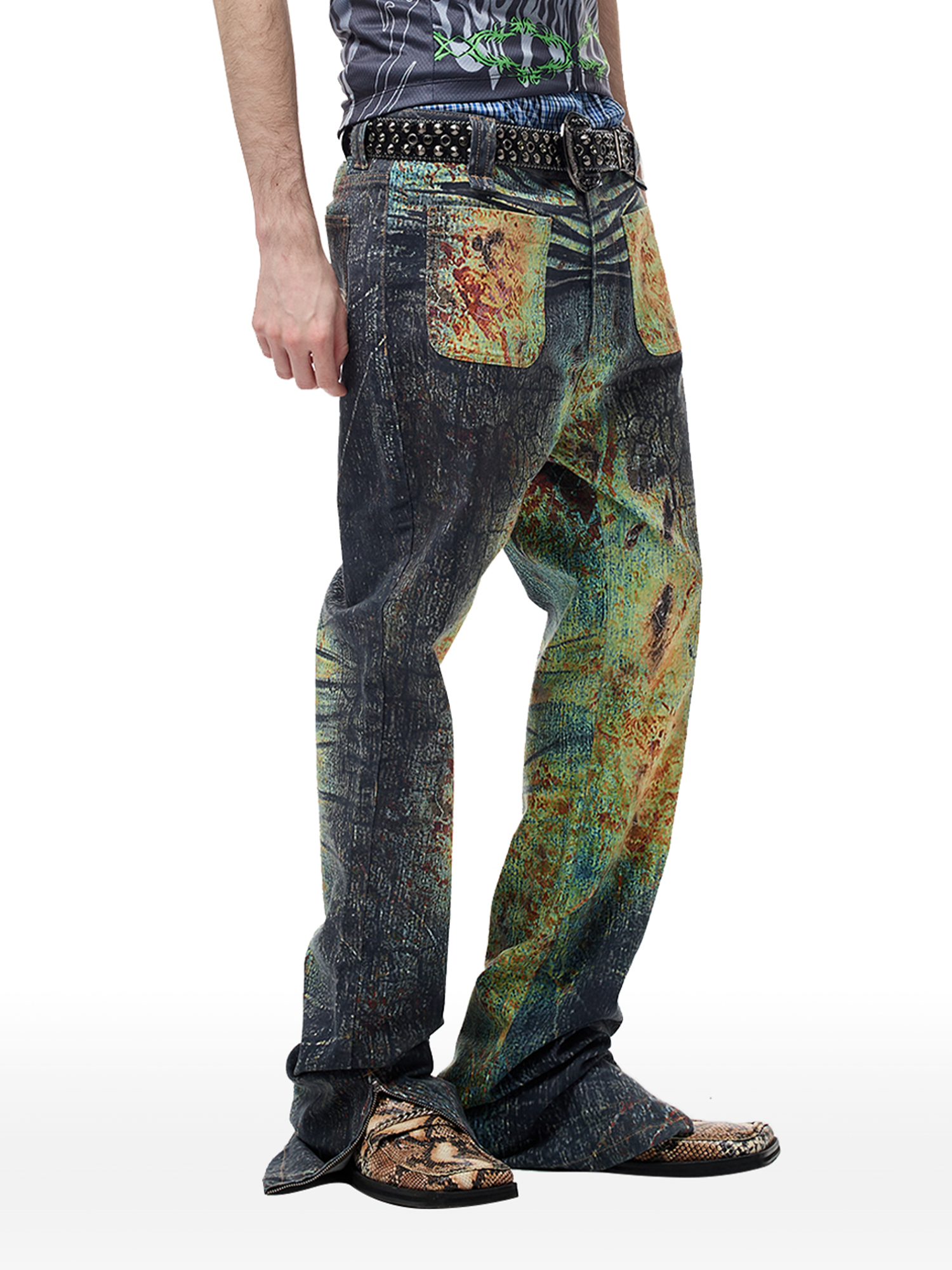 CYCYCY Iridescent Croc Full-Print Slim Flared Jeans
