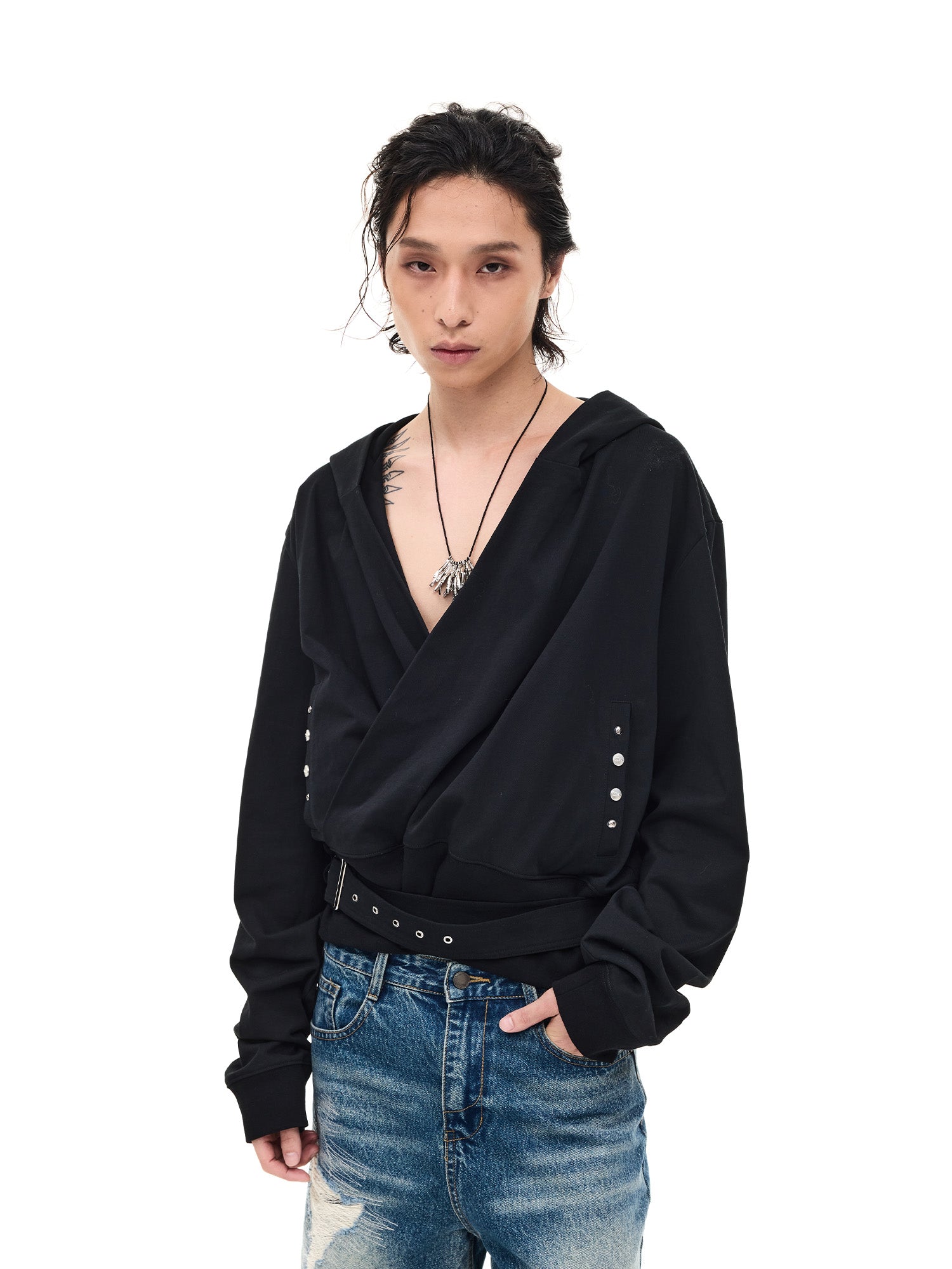 WHISTLEHUNTER Detachable-Belt Deep V-Cut Hardware Hoodie, premium urban and streetwear designers apparel on PROJECTISR.com, WHISTLEHUNTER