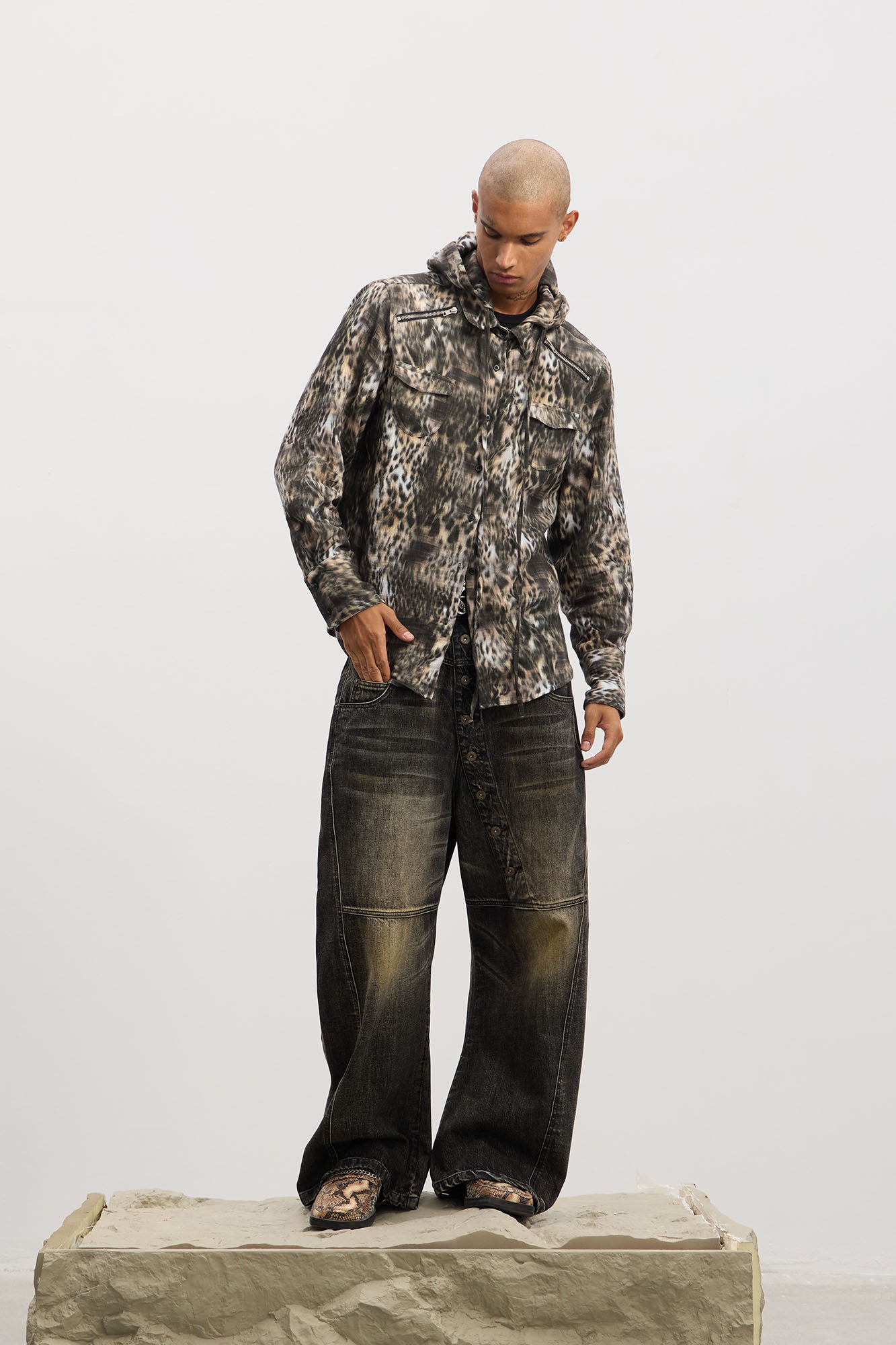 DND4DES Asymmetric Button-Fly Panel Washed Jeans, premium urban and streetwear designers apparel on PROJECTISR.com, DND4DES