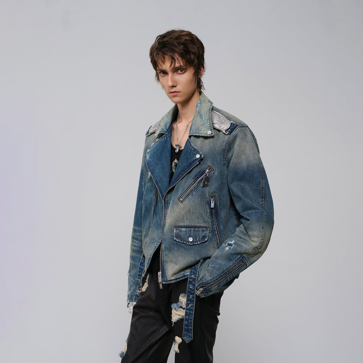 FACEONLAB Metal Epaulette Washed Biker Jacket