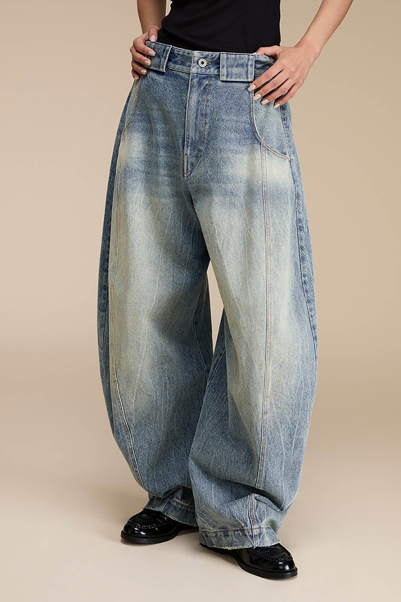 OPICLOTH Distressed Spliced Barrel-Leg Jeans