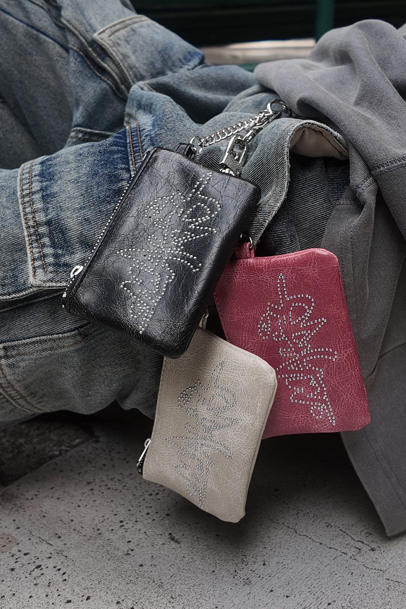 MAKEMORE Cracked Faux Leather Studded Mini Pouch, premium urban and streetwear designers apparel on PROJECTISR.com, MAKEMORE