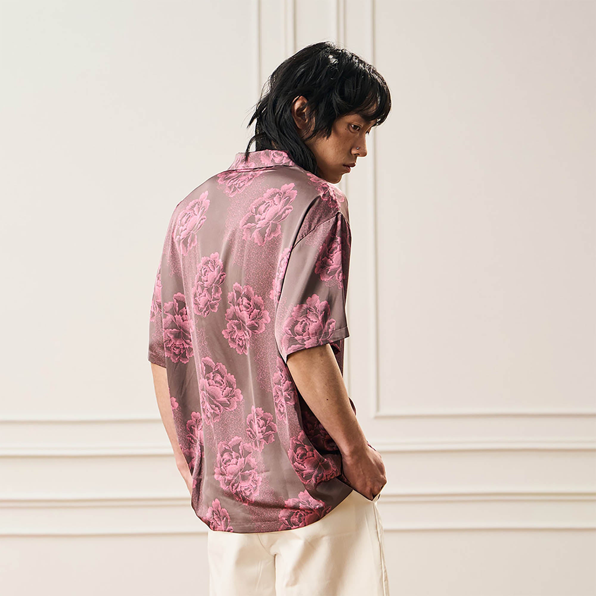 EPIC POETRY Floral Satin Cuban Half Shirt