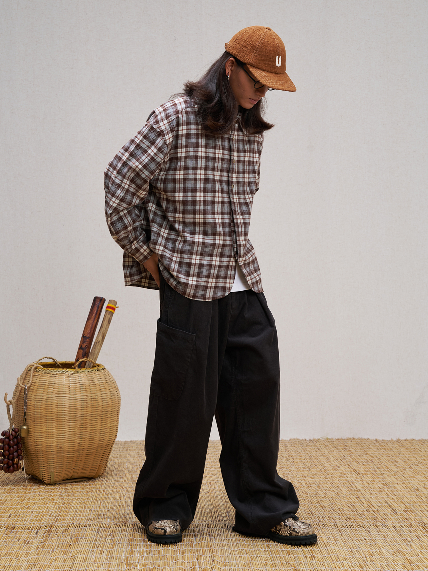 UNLIMITED MOTE Plaid Oversized Half-Open Collar Shirt Brown, premium urban and streetwear designers apparel on PROJECTISR.com, UNLIMITED MOTE