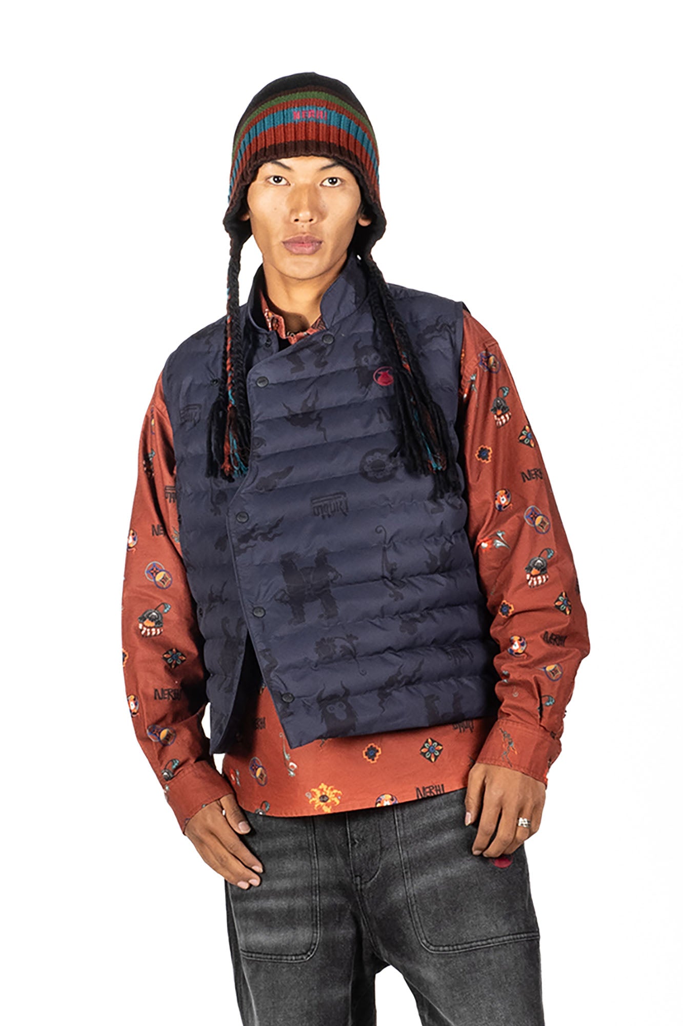 NERHI Asym Button Full-Print Down Vest