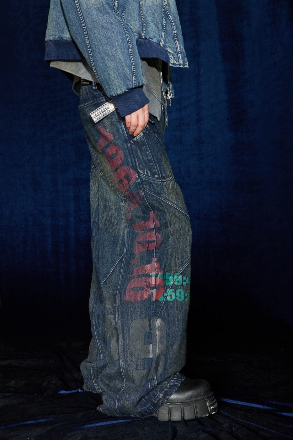 DND4DES Spliced Graffiti Wide-Leg Jeans, premium urban and streetwear designers apparel on PROJECTISR.com, DND4DES