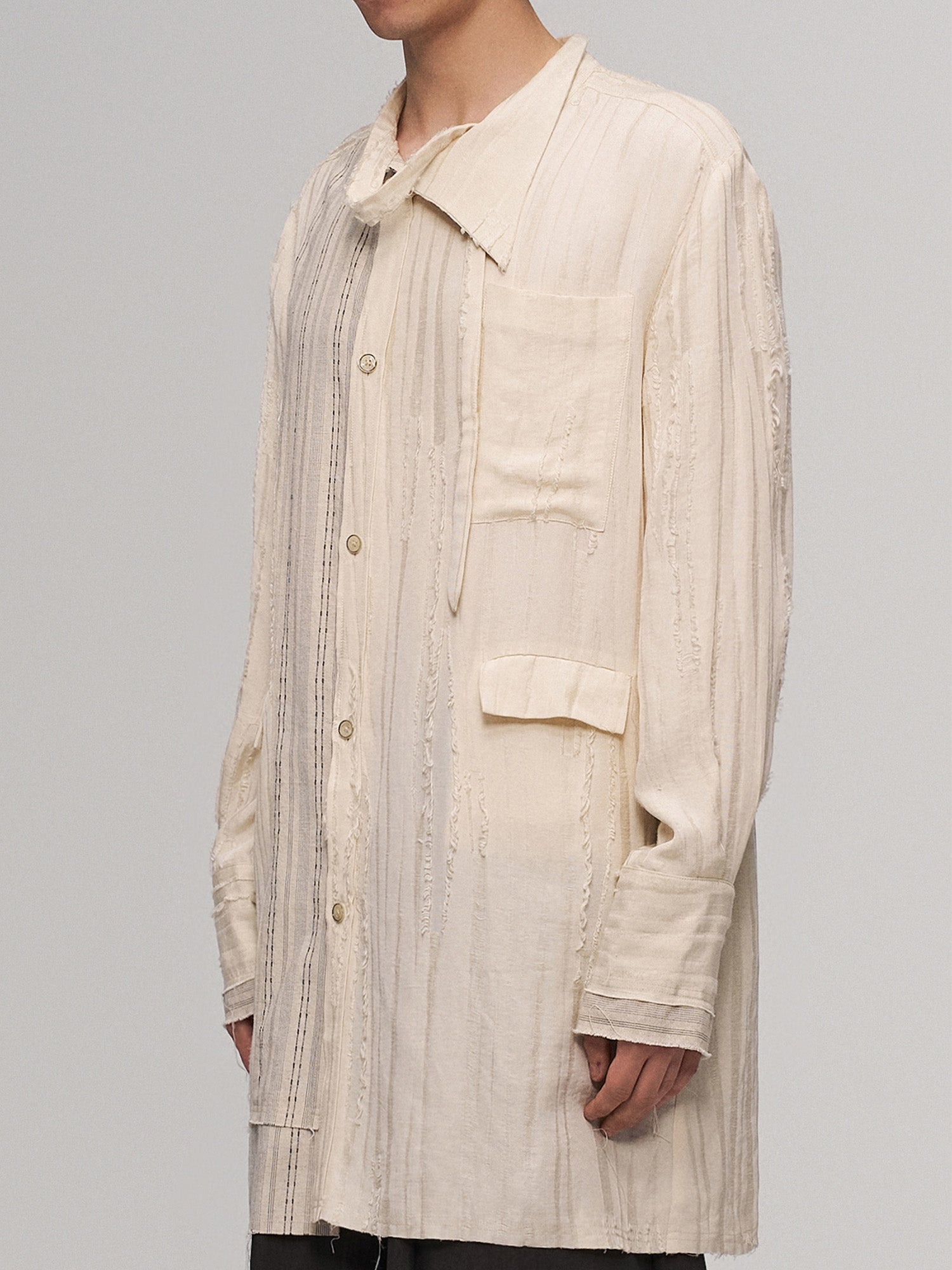 ILNya Nieternite Nifutur Deconstructed Stripe Stich Raw Long Shirt Beige