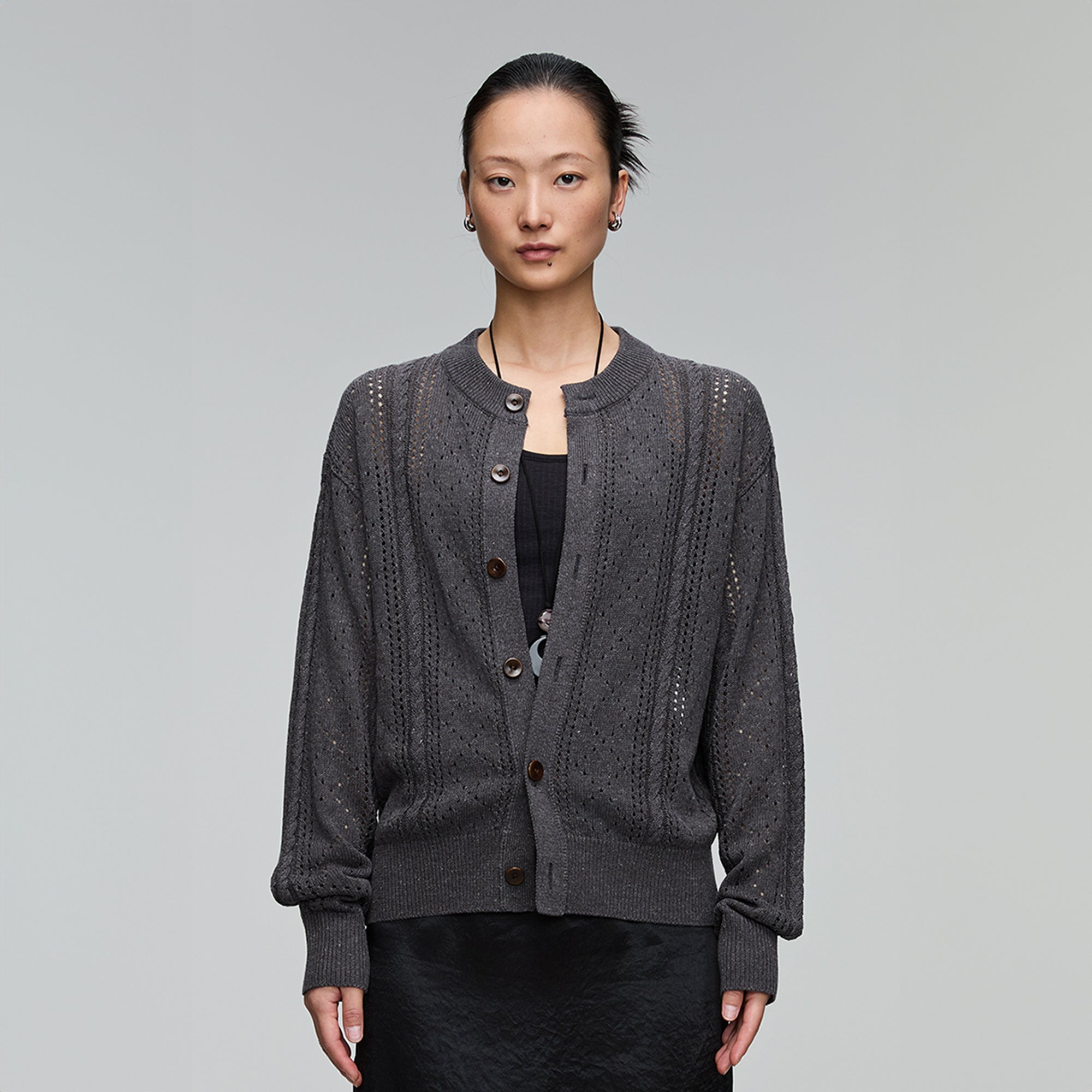 OPICLOTH Eyelet Knit Button-Up Cardigan