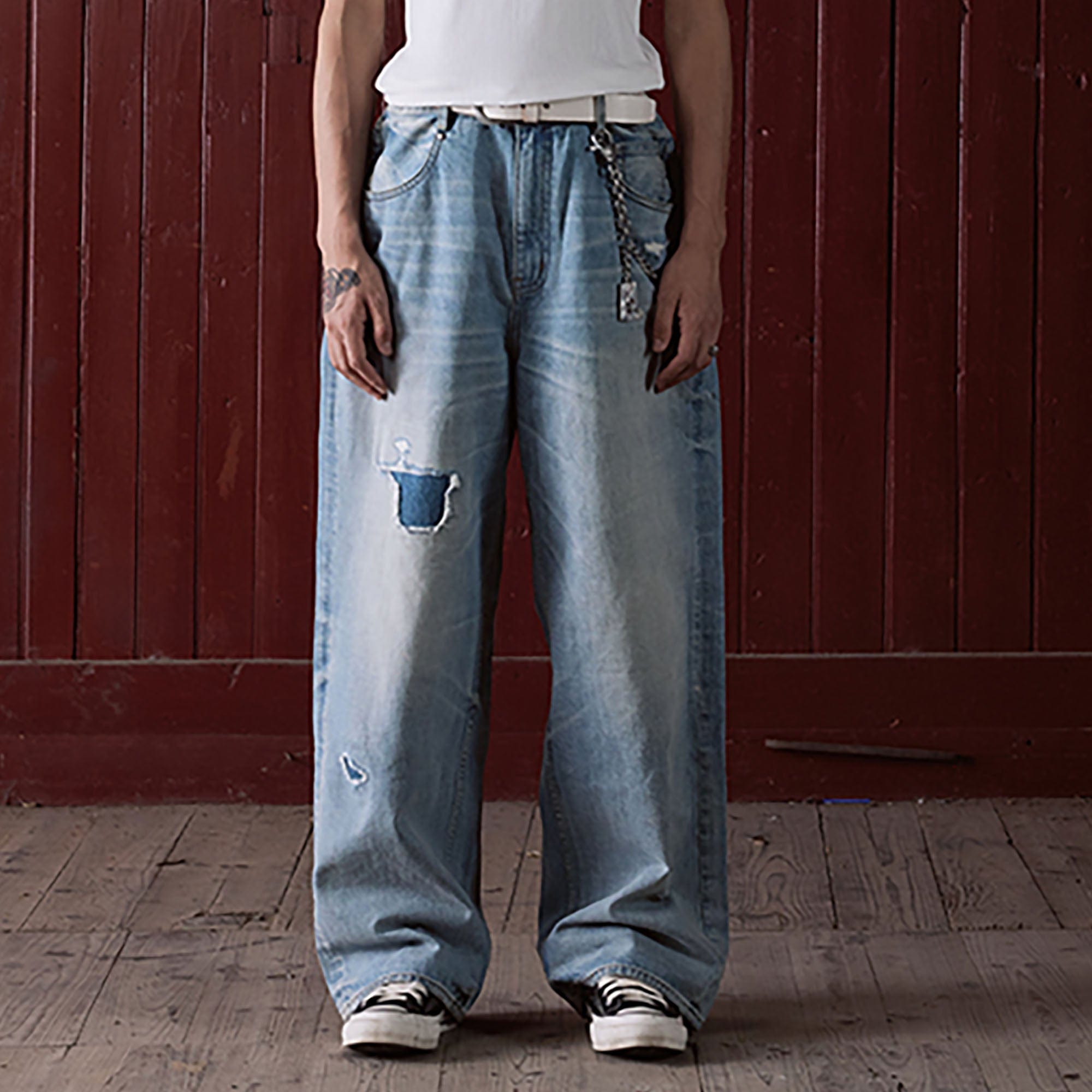 IN EXISTENCE Distressed Patchwork Creased Washed Wide-Leg Jeans, premium urban and streetwear designers apparel on PROJECTISR.com, IN EXISTENCE