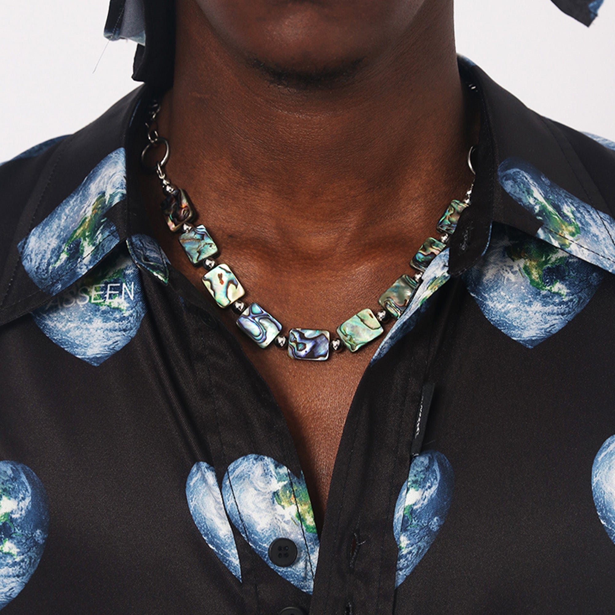 ASSEEN Iridescent Shell-Titanium-Steel Necklace, premium urban and streetwear designers apparel on PROJECTISR.com, ASSEEN
