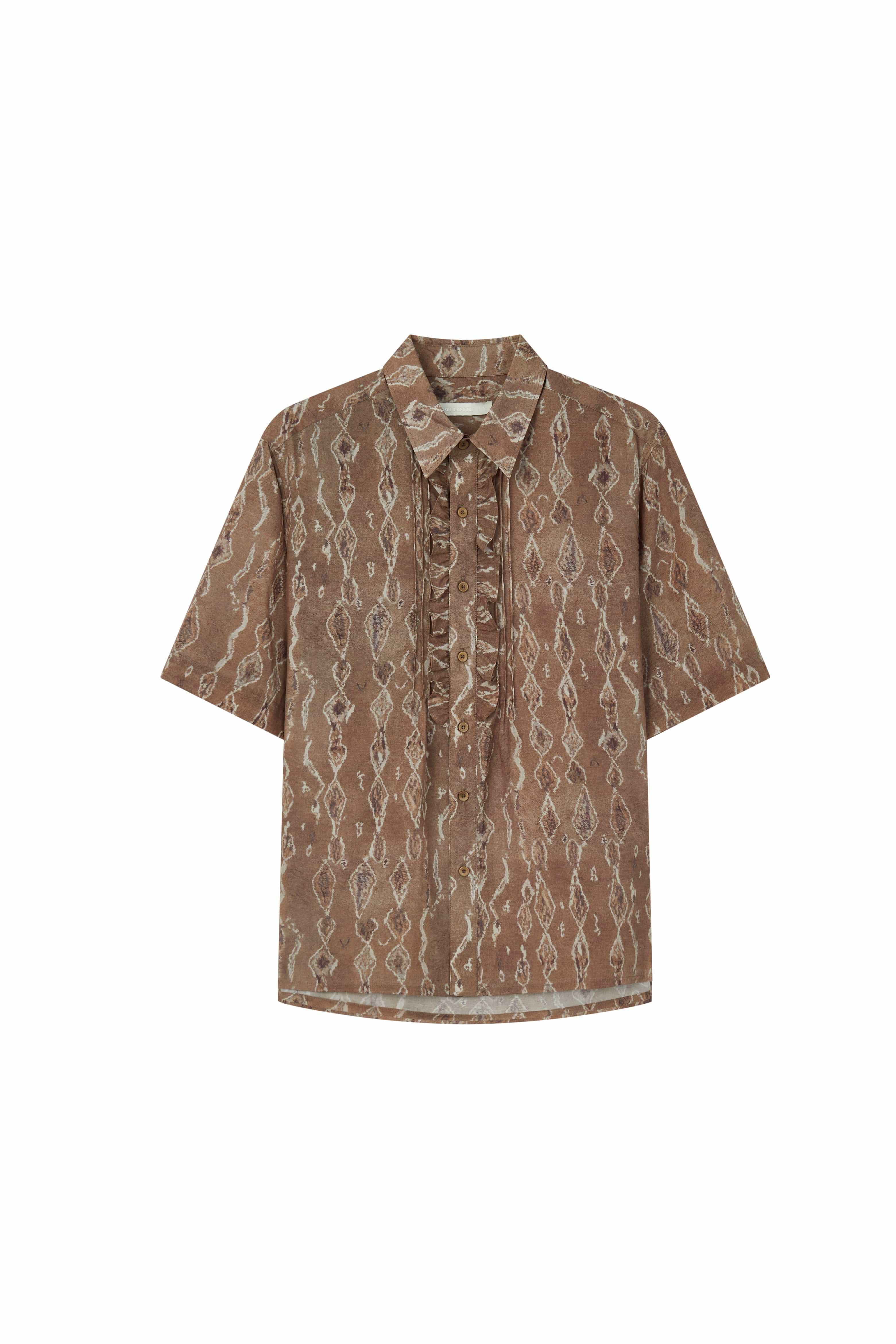 OPICLOTH Retro Woodgrain Full-Print Ruffle Half Shirt, premium urban and streetwear designers apparel on PROJECTISR.com, OPICLOTH
