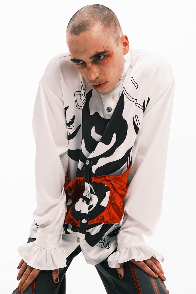 EMBRYO Demon Ruffle-Collar Buttoned LOGO Pleated Shirt, premium urban and streetwear designers apparel on PROJECTISR.com, EMBRYO
