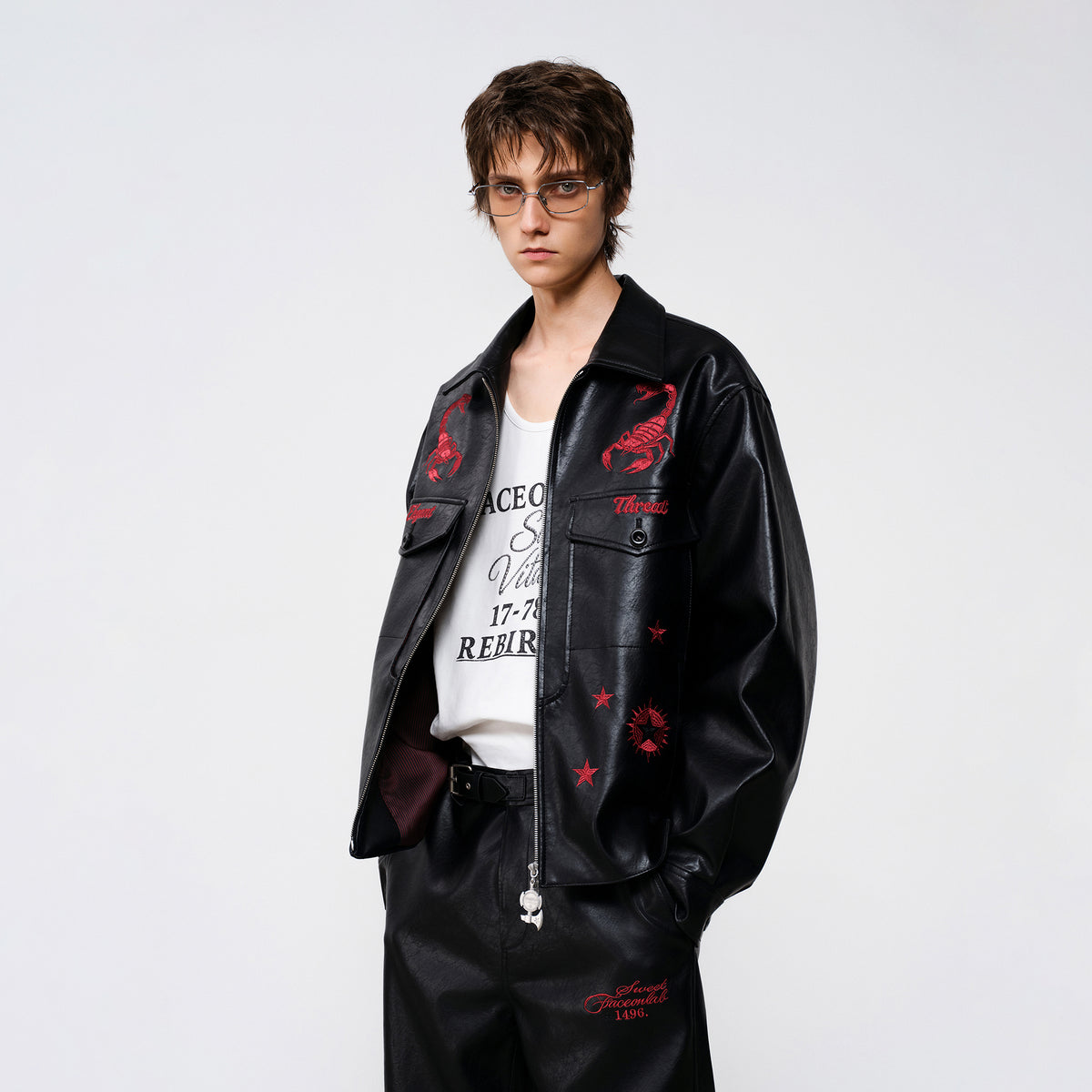 FACEONLAB Embroidered Faux Leather Jacket