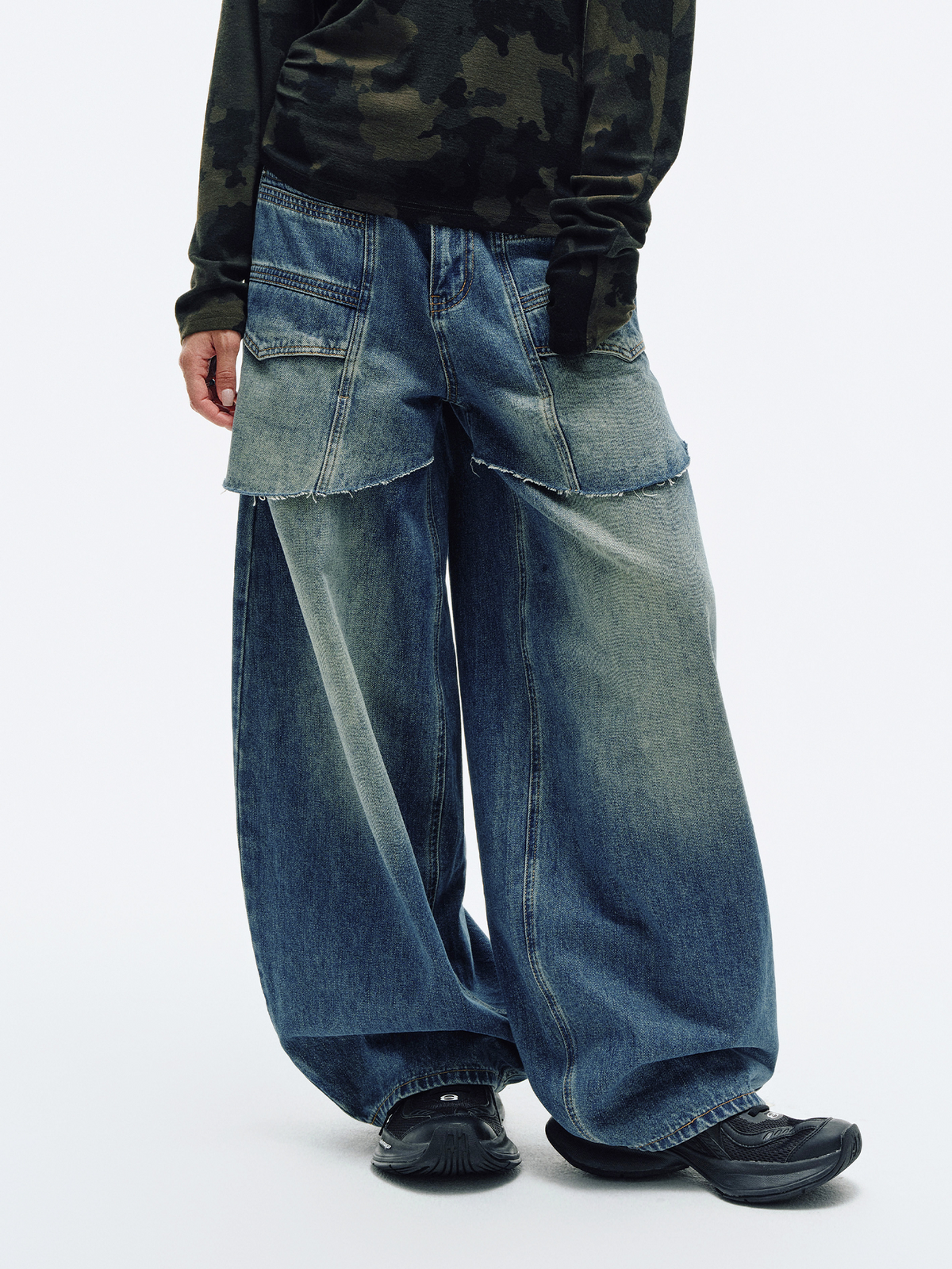 HAHAHA Spliced Washed Faux Layered Jeans