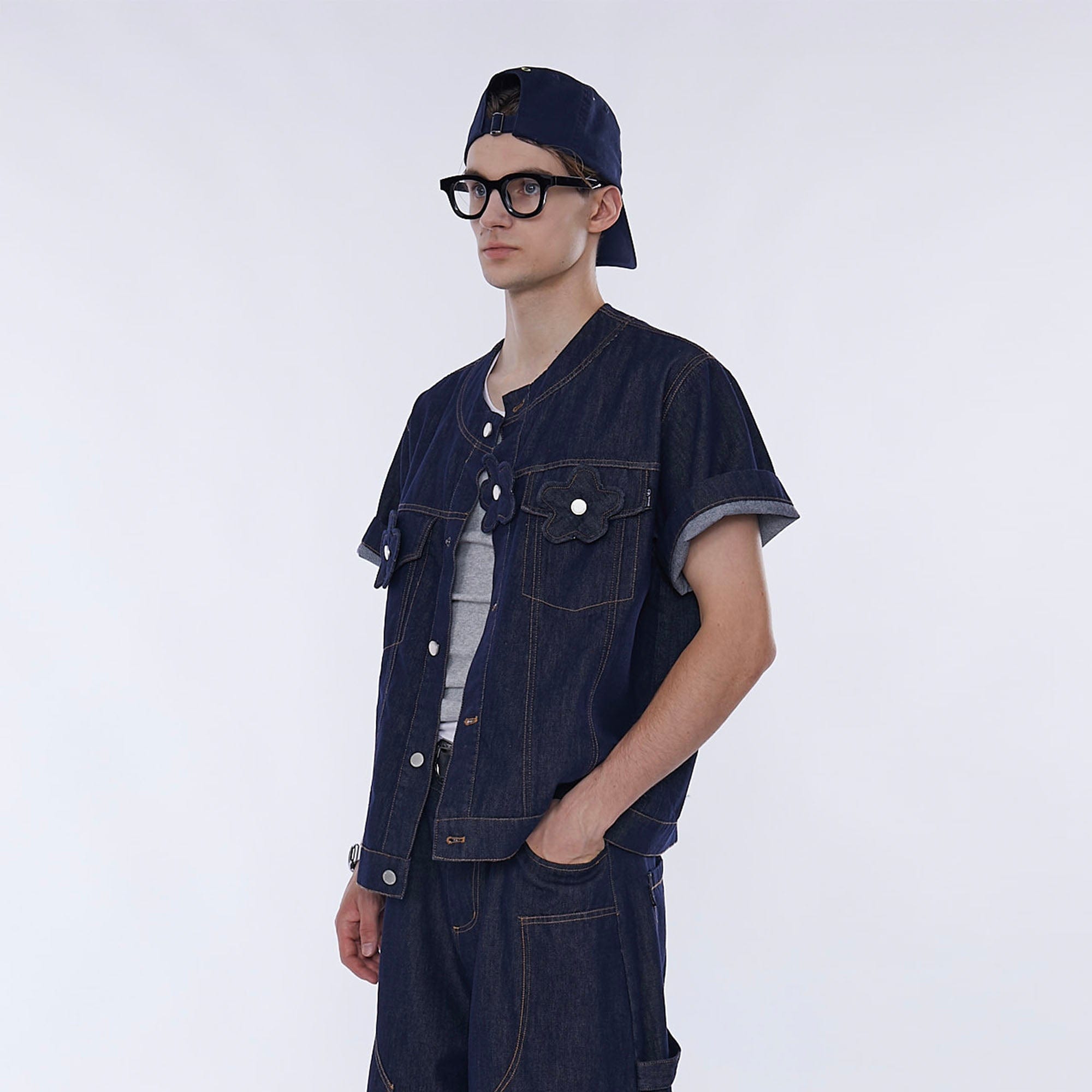 ASSEEN Flower Patchwork Stitched Raw Denim Half Shirt, premium urban and streetwear designers apparel on PROJECTISR.com, ASSEEN