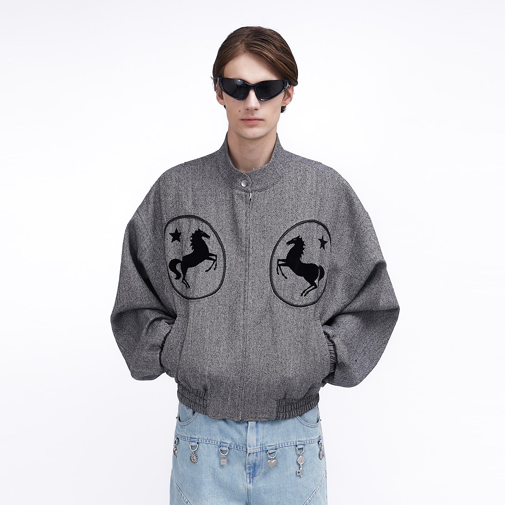 ASSEEN Horse Graphic Herringbone Bomber Jacket