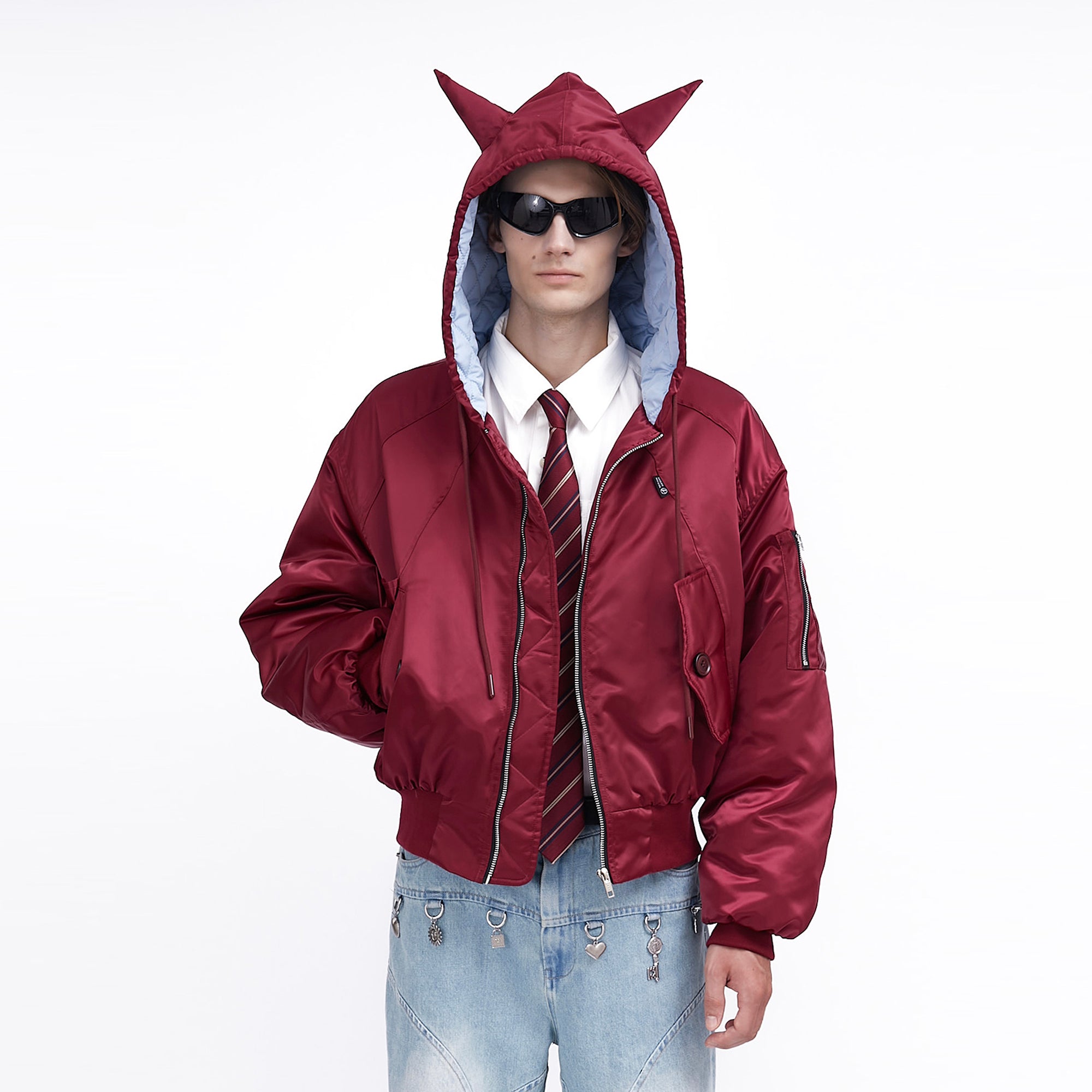 ASSEEN Devil-Horn Satin Hooded Bomber Jacket