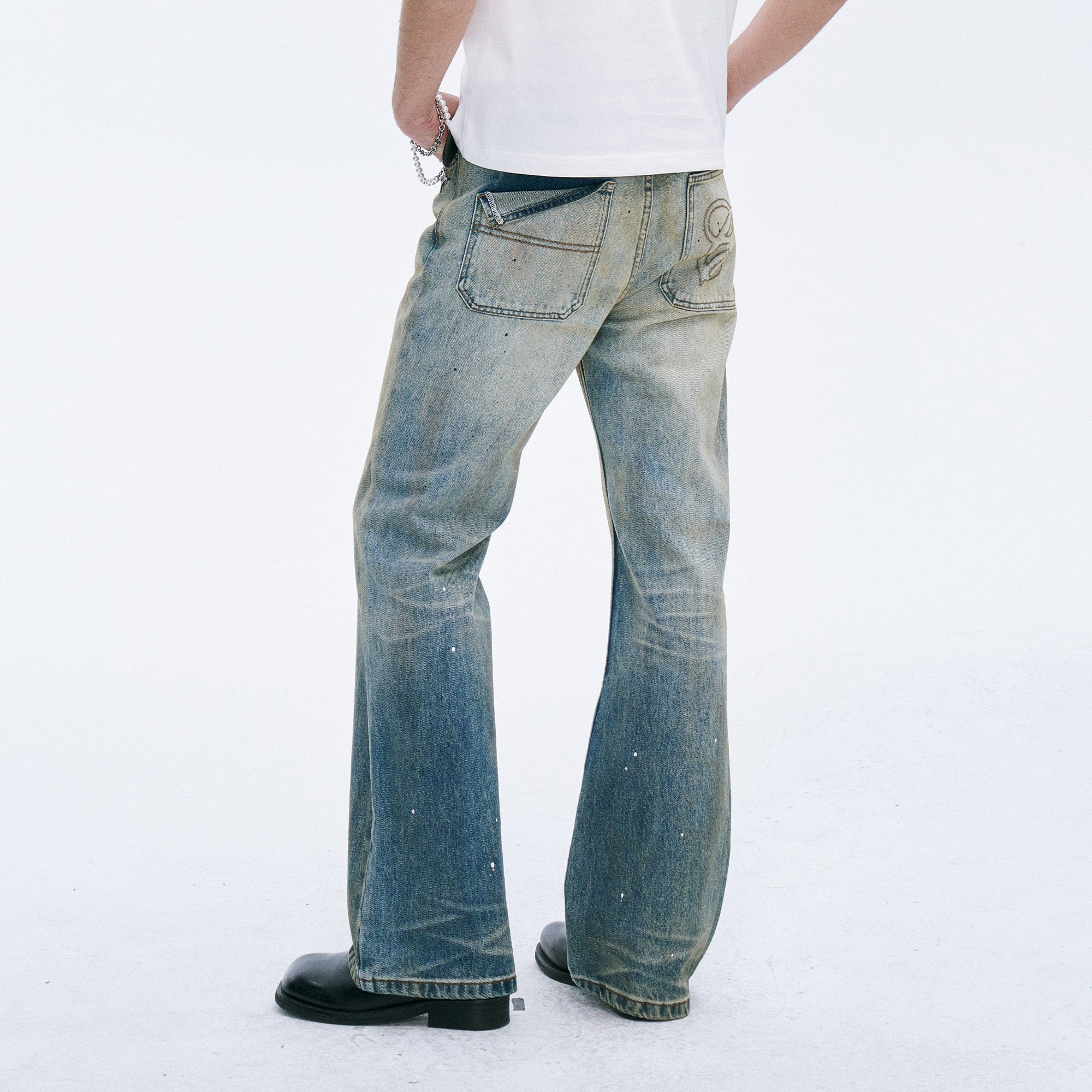 CATSSTAC Washed Sunfade Paint-Splatter Wide-Leg Jeans, premium urban and streetwear designers apparel on PROJECTISR.com, CATSSTAC