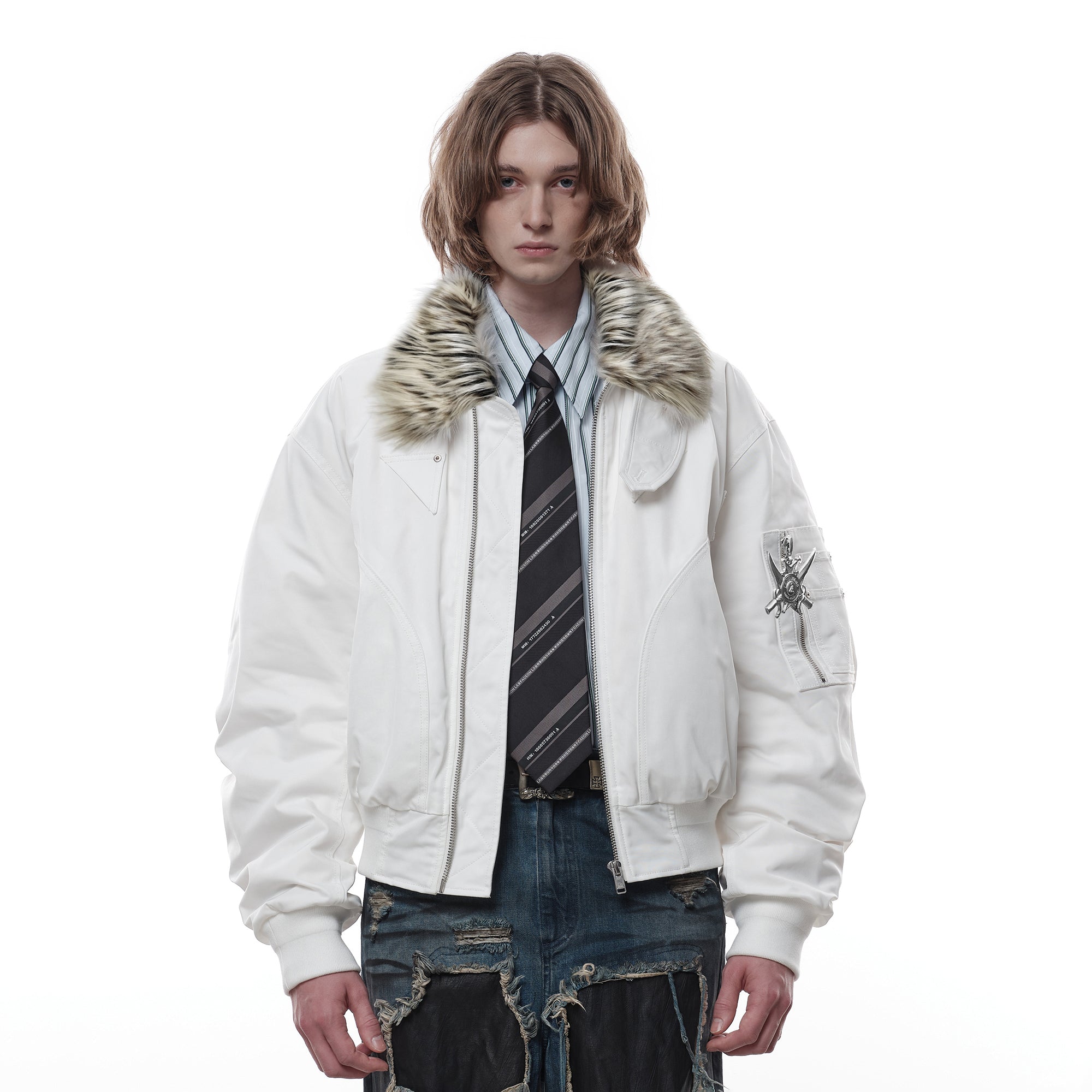 FACEONLAB Faux Fur Collar Utility Bomber Jacket