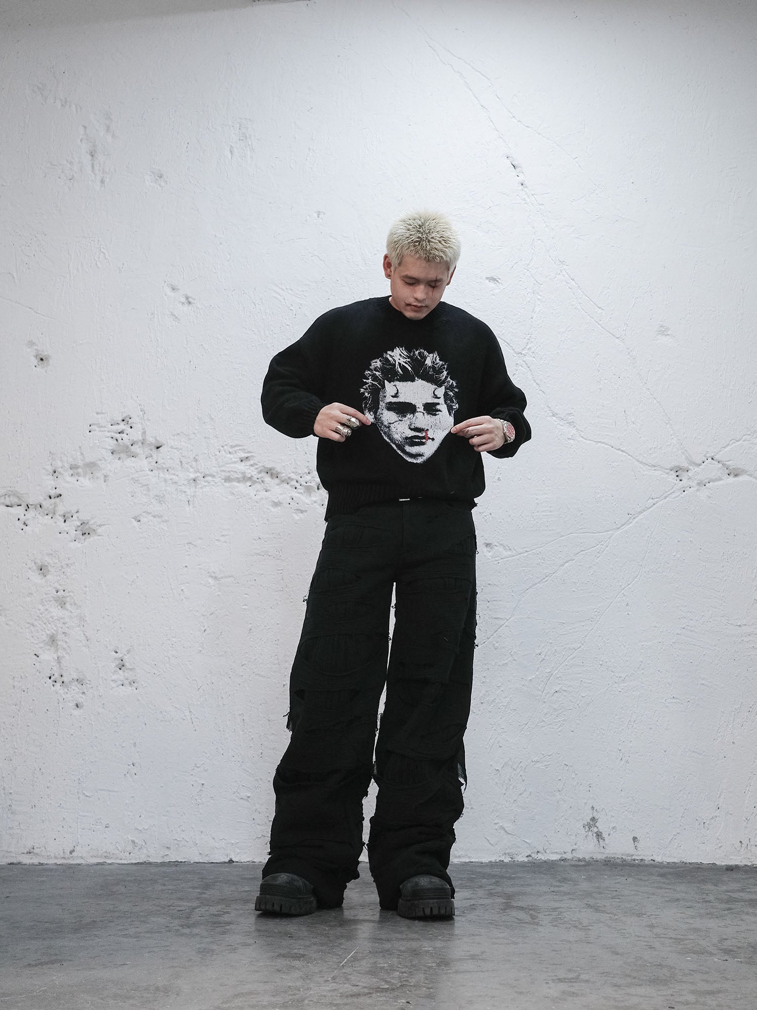 UNDERWATER Demon Portrait Distressed Sweater