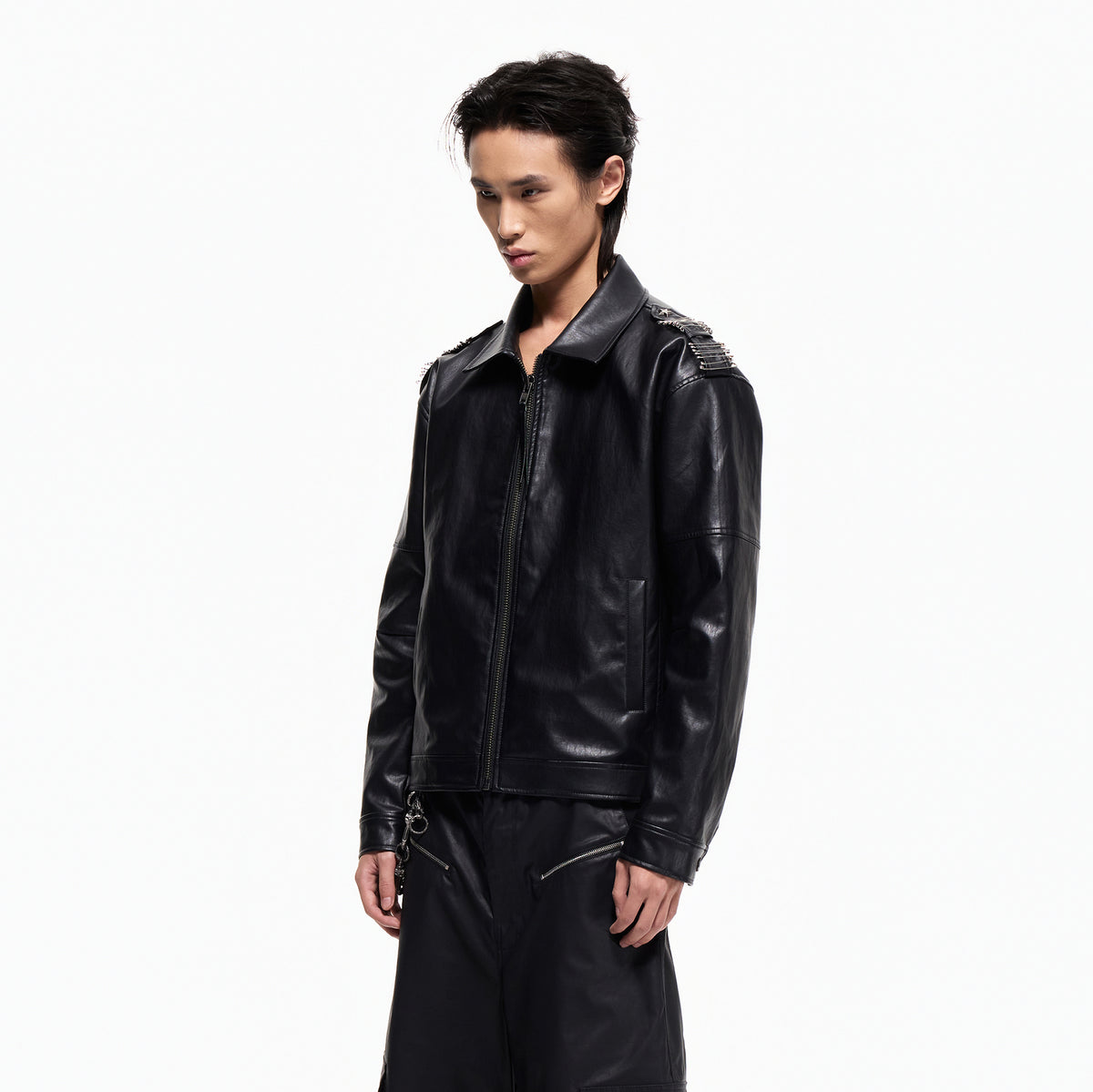 2000RSK Pin-Shoulder Faux Leather Biker Jacket