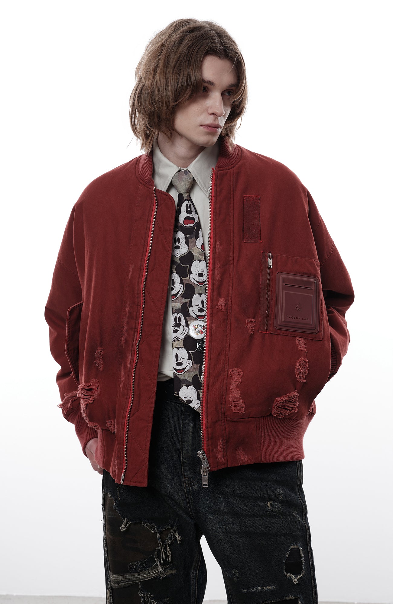 FACEONLAB Distressed Padded Bomber Jacket
