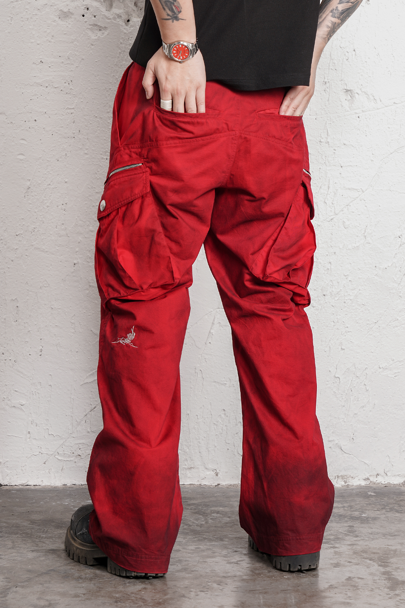 UNDERWATER Burnt Red Dirty-Dyed Moleskin Cargo Pants, premium urban and streetwear designers apparel on PROJECTISR.com, UNDERWATER
