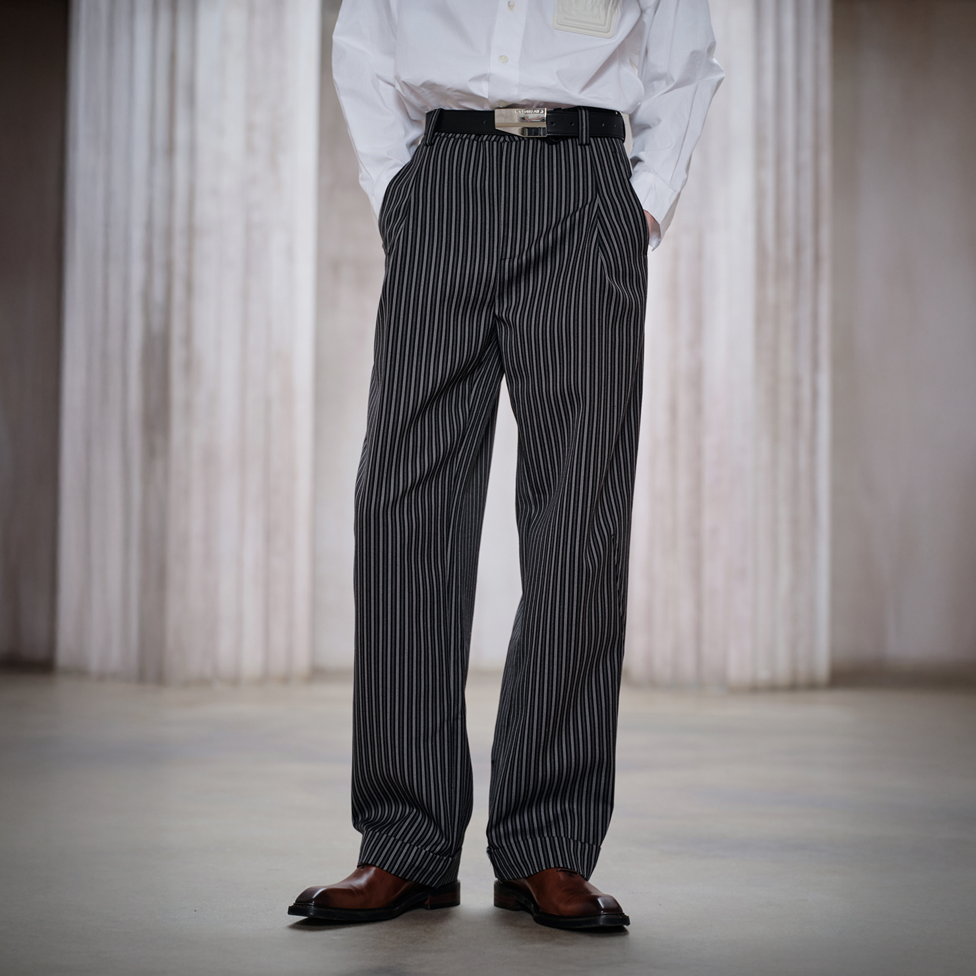 FACEONLAB Classic Striped Wool Pleated Tailored Trousers