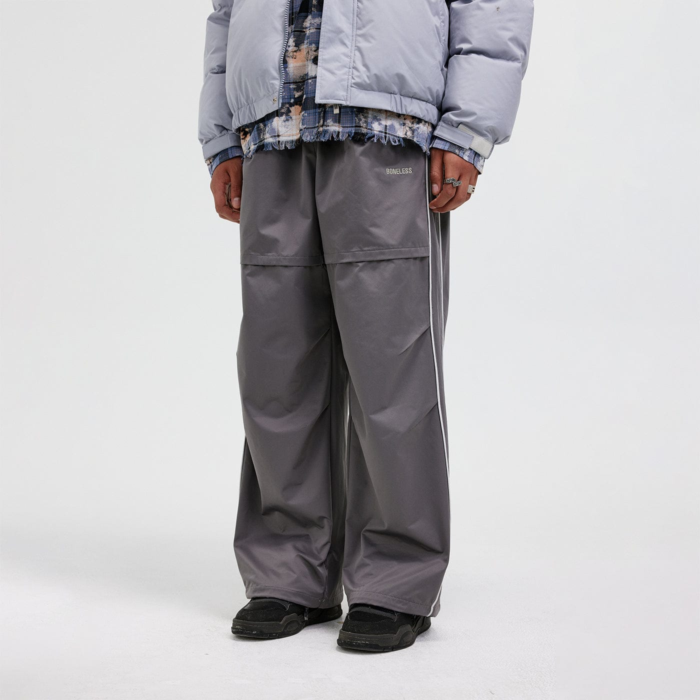 BONELESS Paneled Crinkled Parachute Pants Cho, premium urban and streetwear designers apparel on PROJECTISR.com, BONELESS