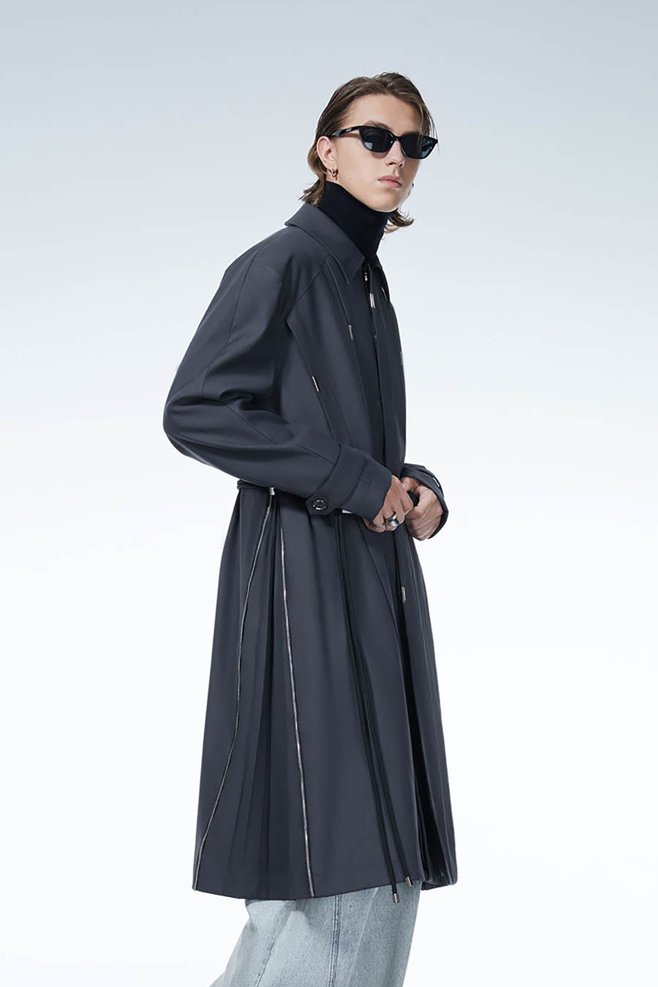 LOSTNFOUND Spliced Pleated Side-Zip Overcoat, premium urban and streetwear designers apparel on PROJECTISR.com, LOSTNFOUND