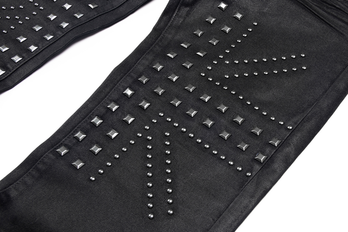 SAXGENWON Studded Washed Pleated Slim Jeans