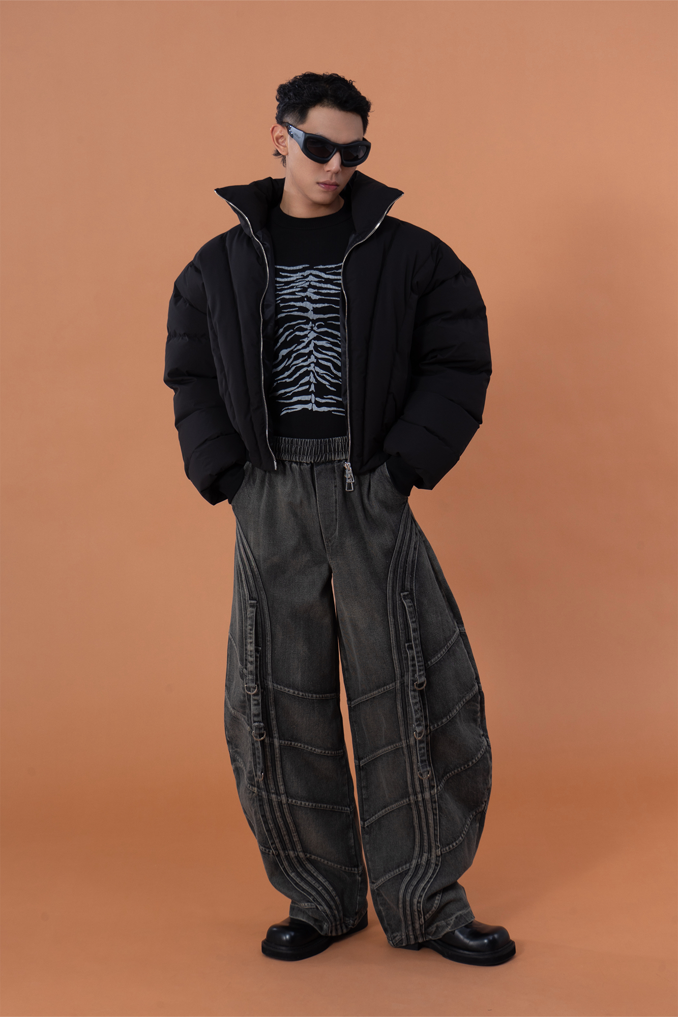 CLP Washed Arc Panel Strap Wide-Leg Jeans