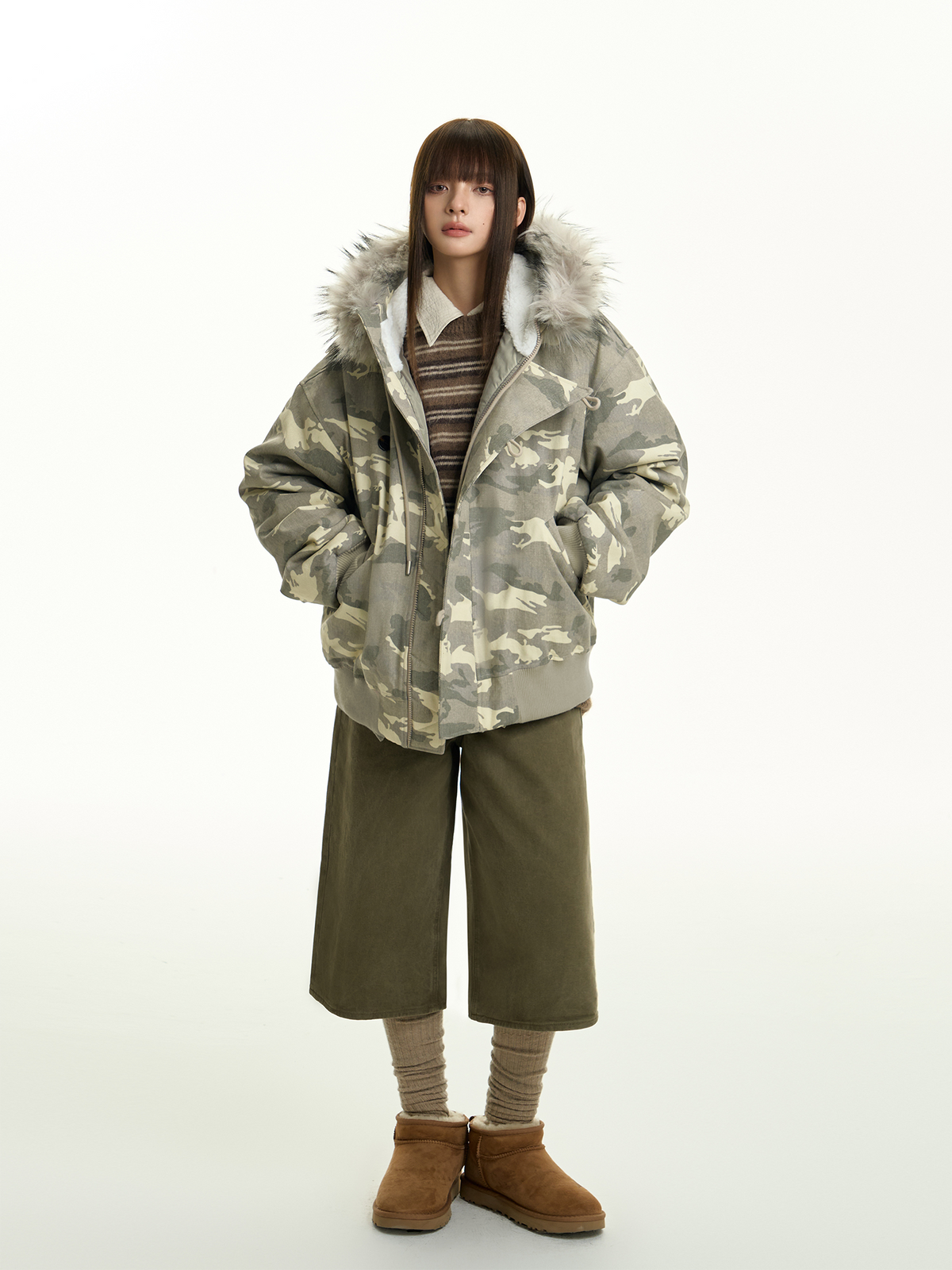 TGNS Detachable Fur-Collar Hooded Padded Parka