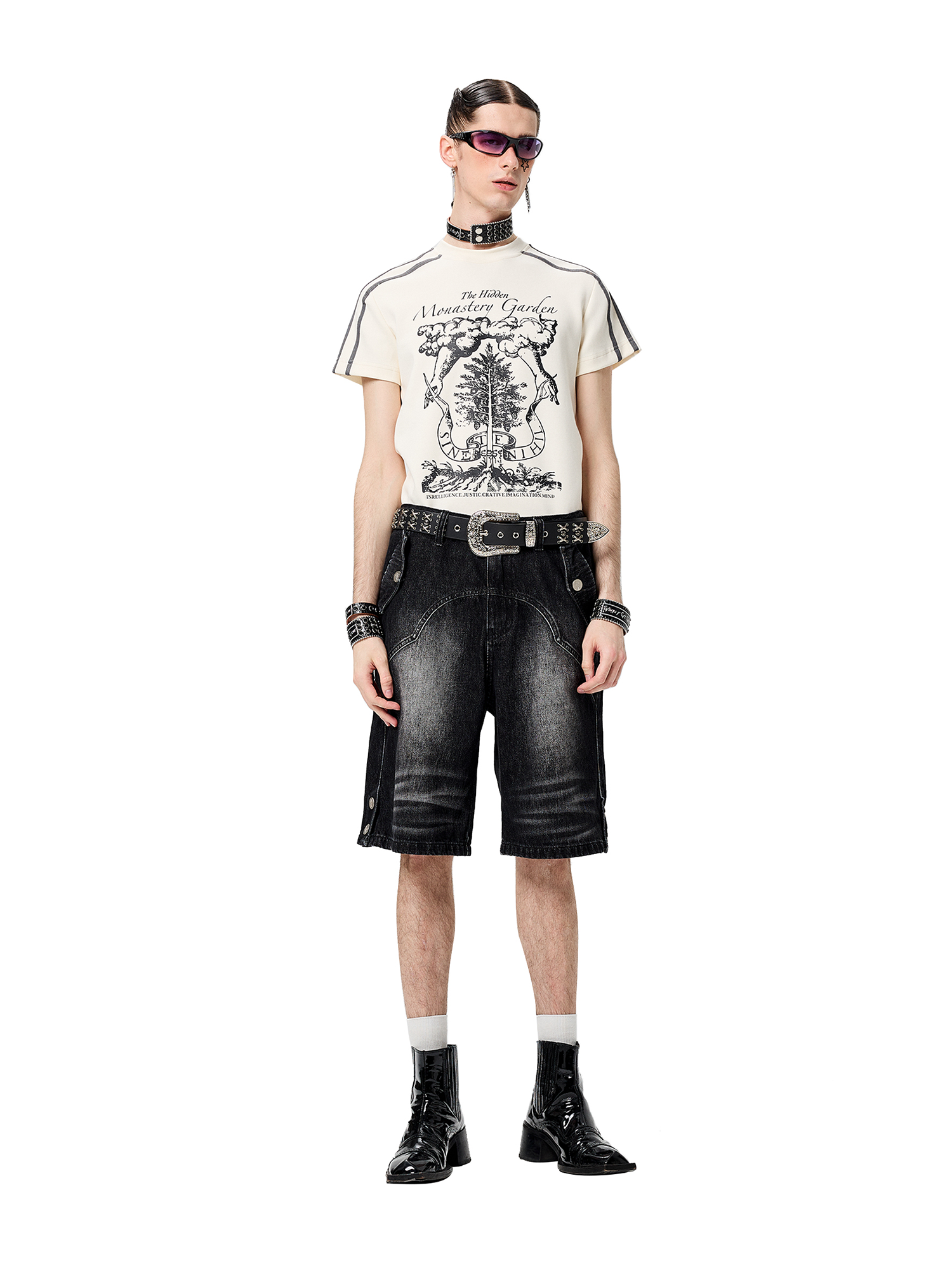 CYCYCY Retro Washed Paneled Denim Shorts