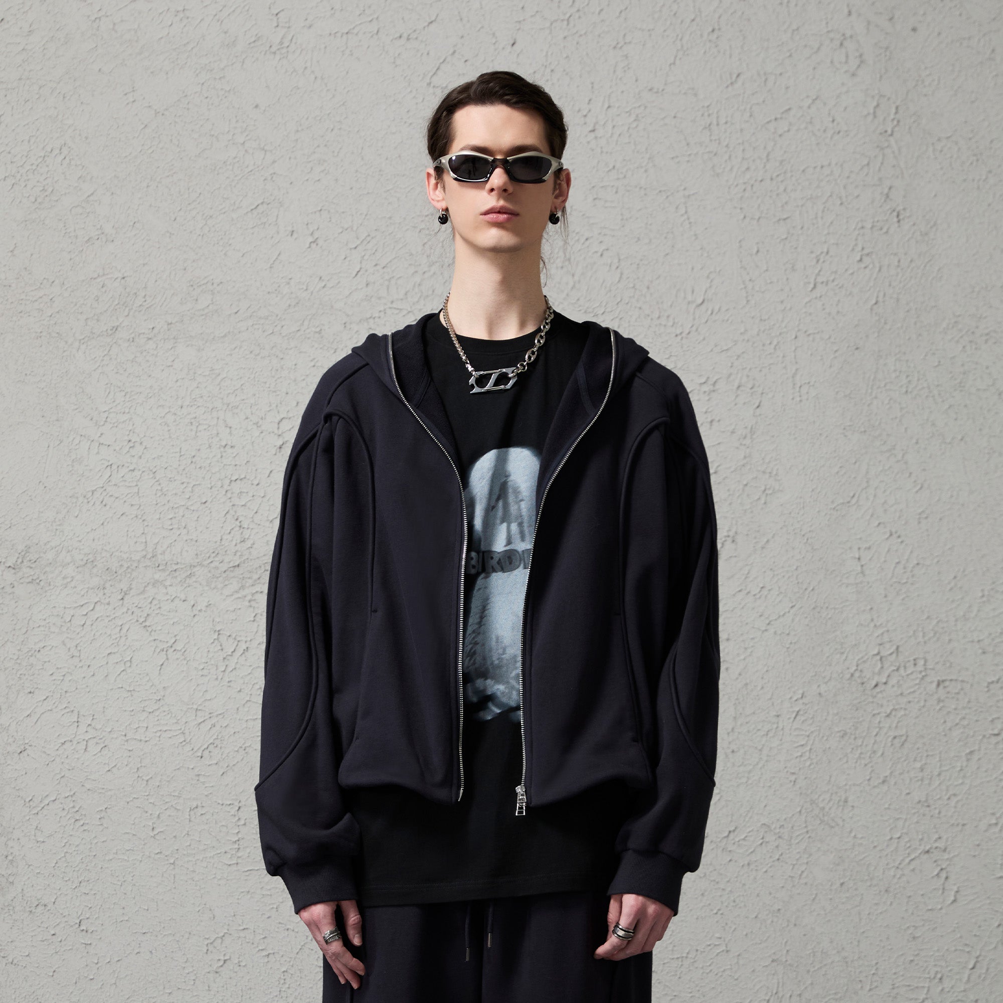 ORGANIC EMOTION Curved Panel Drawstring-Hem Zip-Up Hoodie, premium urban and streetwear designers apparel on PROJECTISR.com, ORGANIC EMOTION