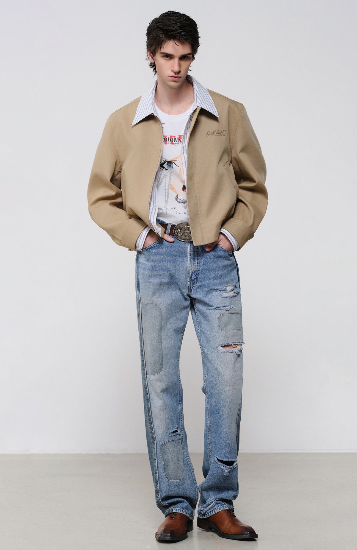 FACEONLAB Embroidered Spliced Shirt Jacket