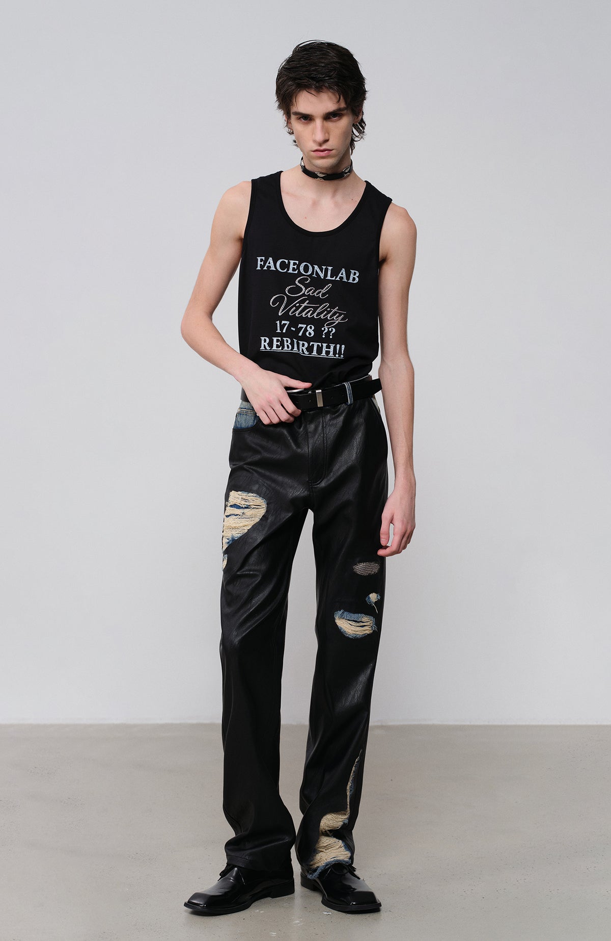FACEONLAB Faux Leather Spliced Distressed Punk Jeans