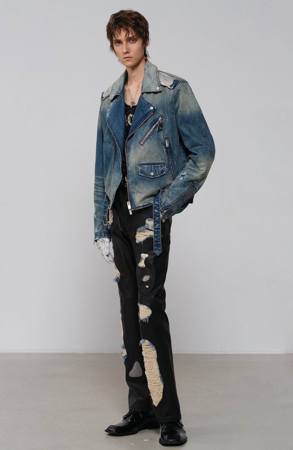 FACEONLAB Metal Epaulette Washed Biker Jacket