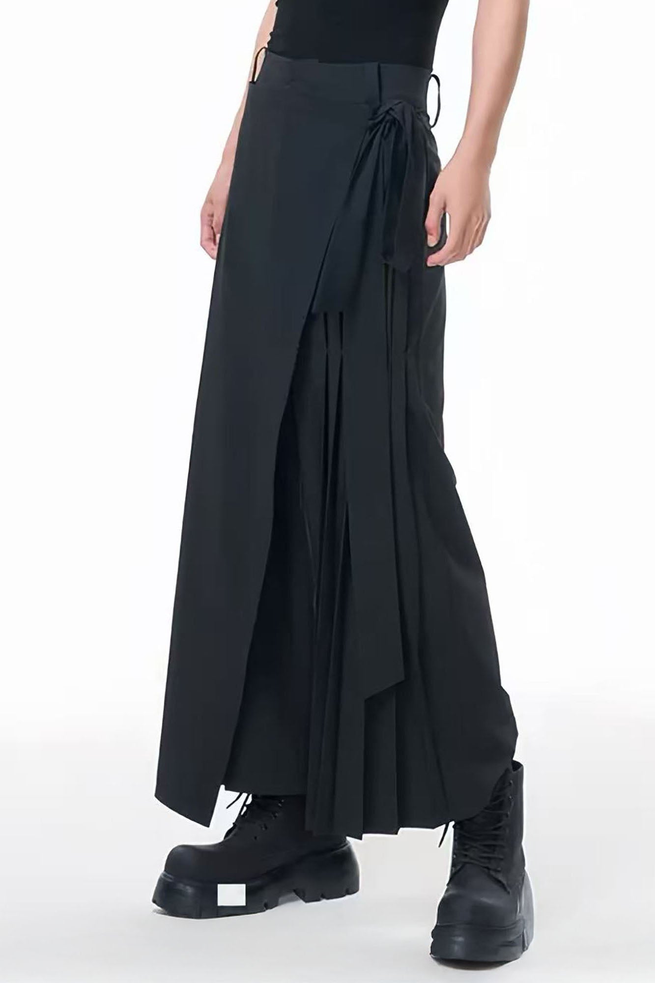 TUIMU Asymmetrical Wrap Pleated Wide-Leg Trousers, premium urban and streetwear designers apparel on PROJECTISR.com, TUIMU