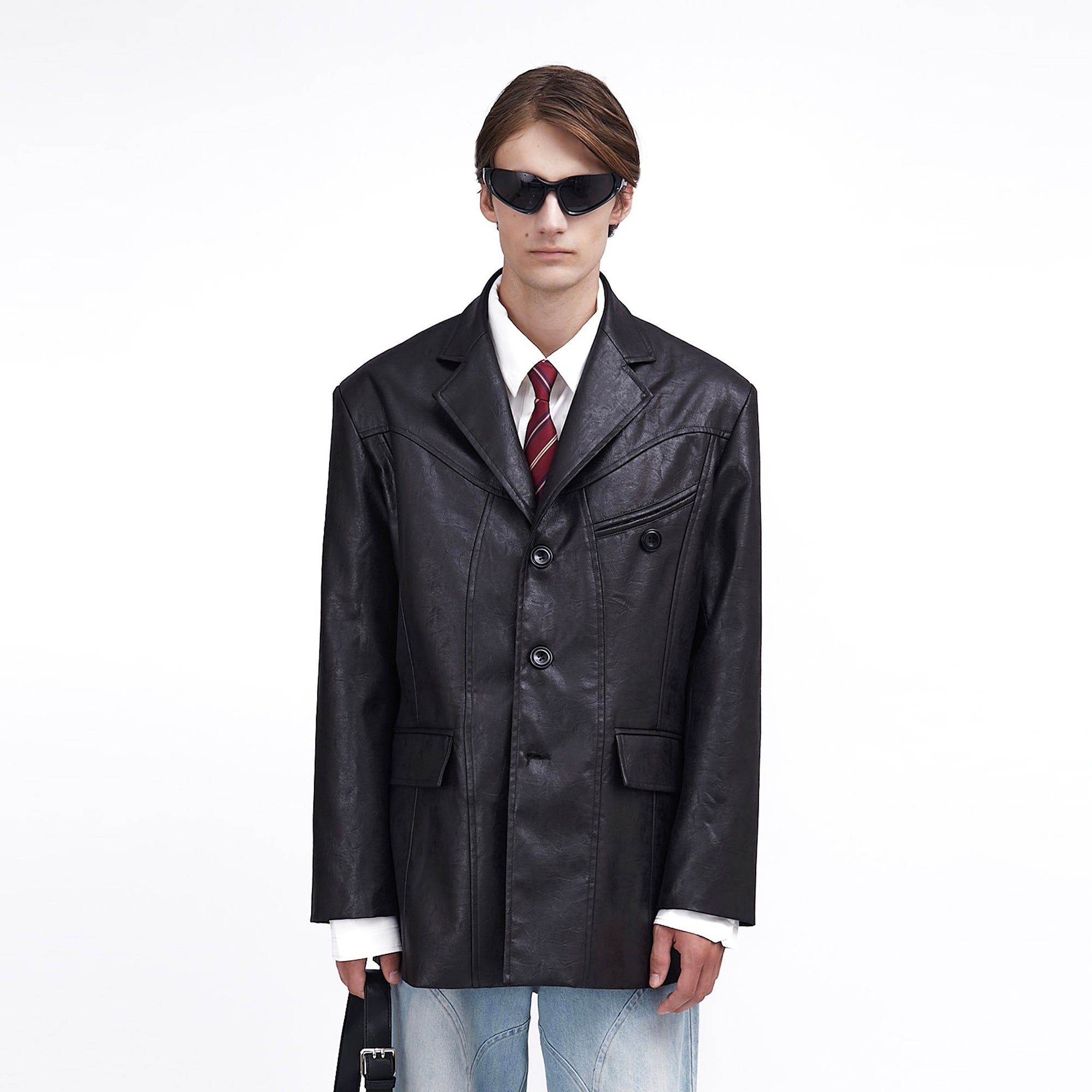 ASSEEN Oversized Faux Leather Curved Stitch Blazer