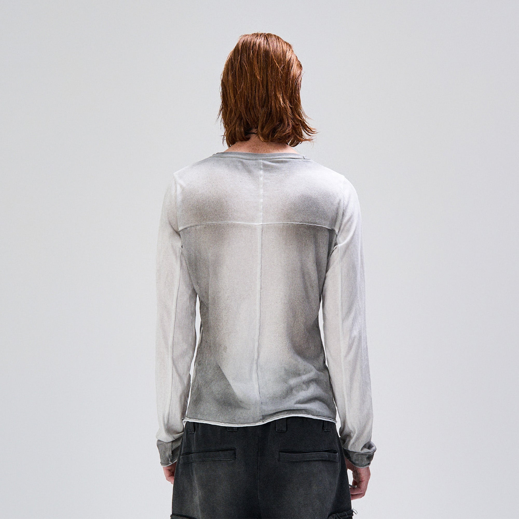 FLYERRER Washed Gradient Cross-Panel Raw-Edge Long-Sleeve Tee, premium urban and streetwear designers apparel on PROJECTISR.com, FLYERRER