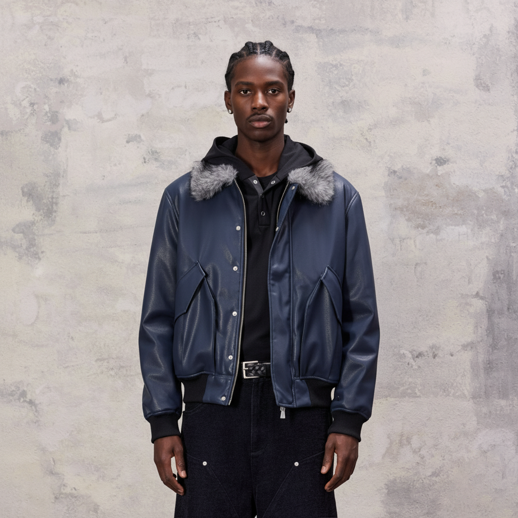 ALVNG AR ANTS Faux Fur Collar PU Jacket