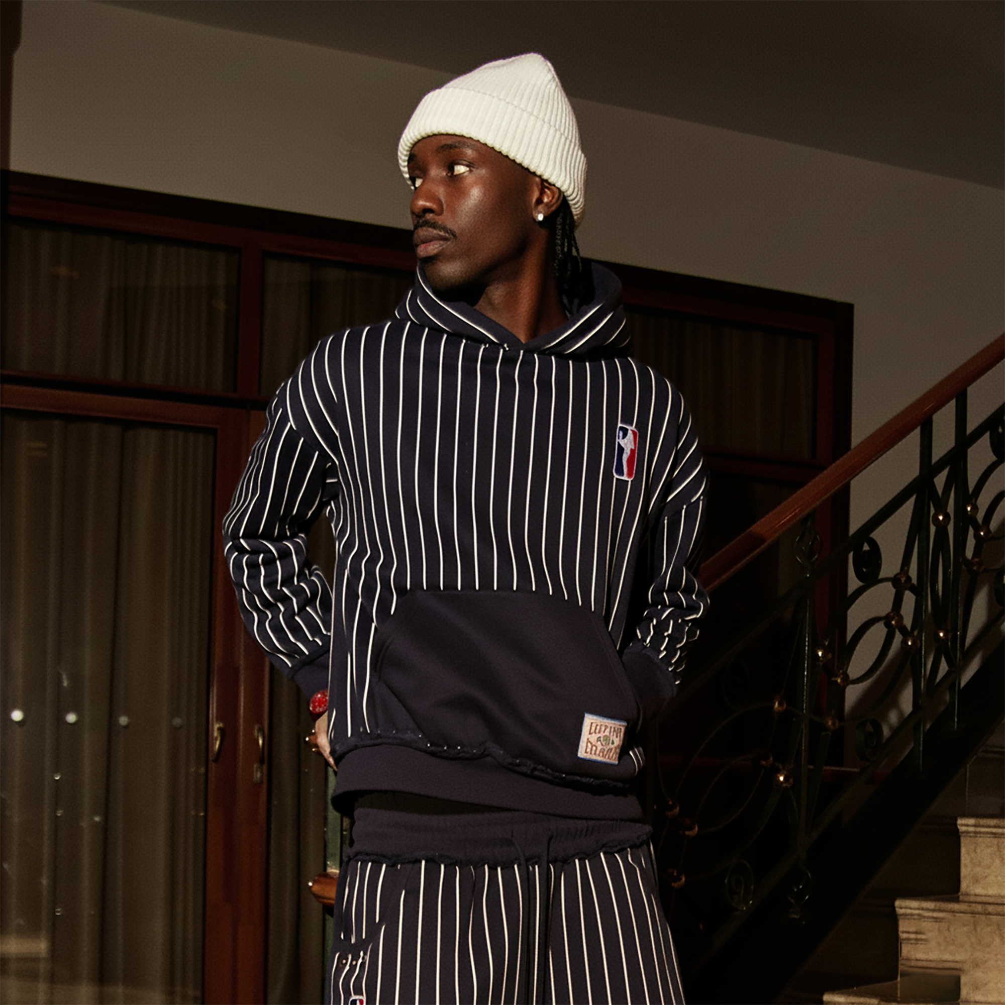 PHANTOMHUNTER Stripe Embroidered Studded Hoodie, premium urban and streetwear designers apparel on PROJECTISR.com, PHANTOMHUNTER