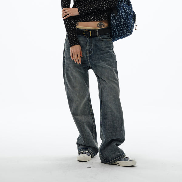 TRECLUB Retro Slub-Wash Straight-Leg Jeans