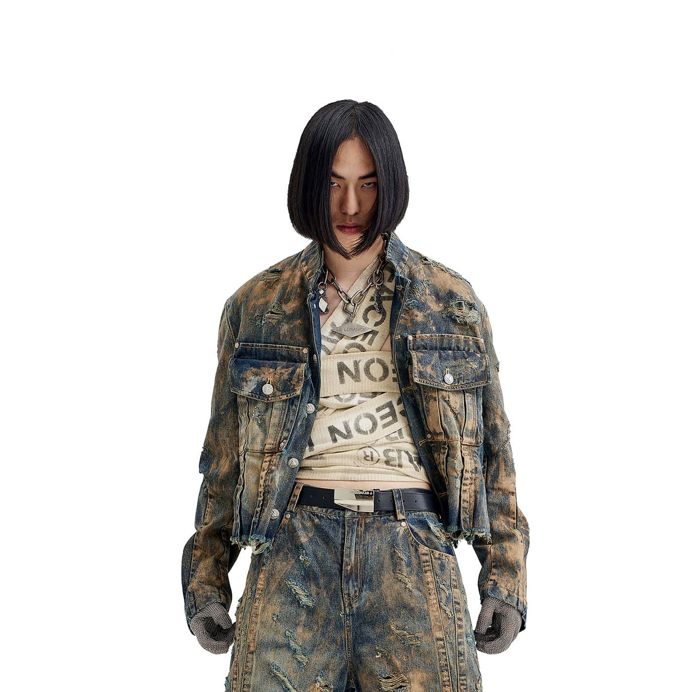 FACEONLAB Distressed Muddy Denim Jacket, premium urban and streetwear designers apparel on PROJECTISR.com, FACEONLAB