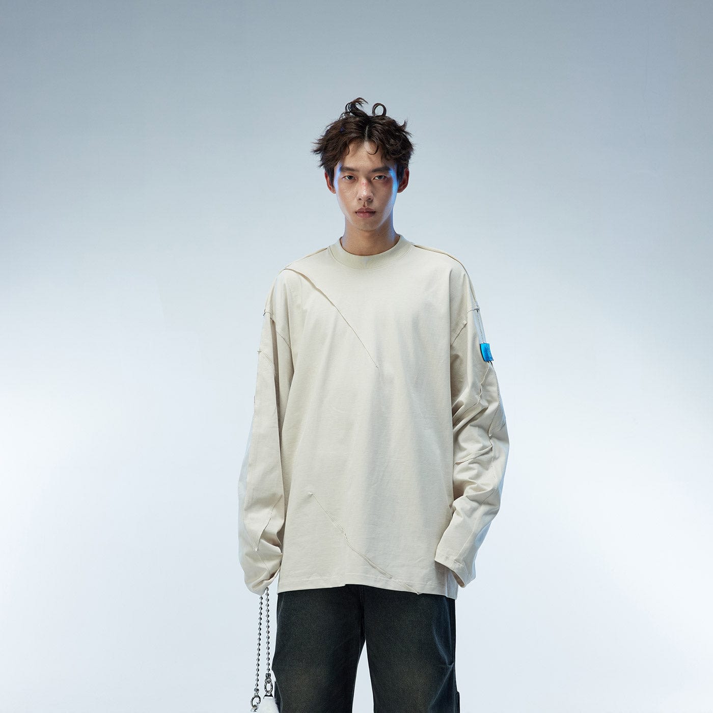 WHISTLEHUNTER Asymmetric Cut Logo Patched L/S Tee, premium urban and streetwear designers apparel on PROJECTISR.com, WHISTLEHUNTER