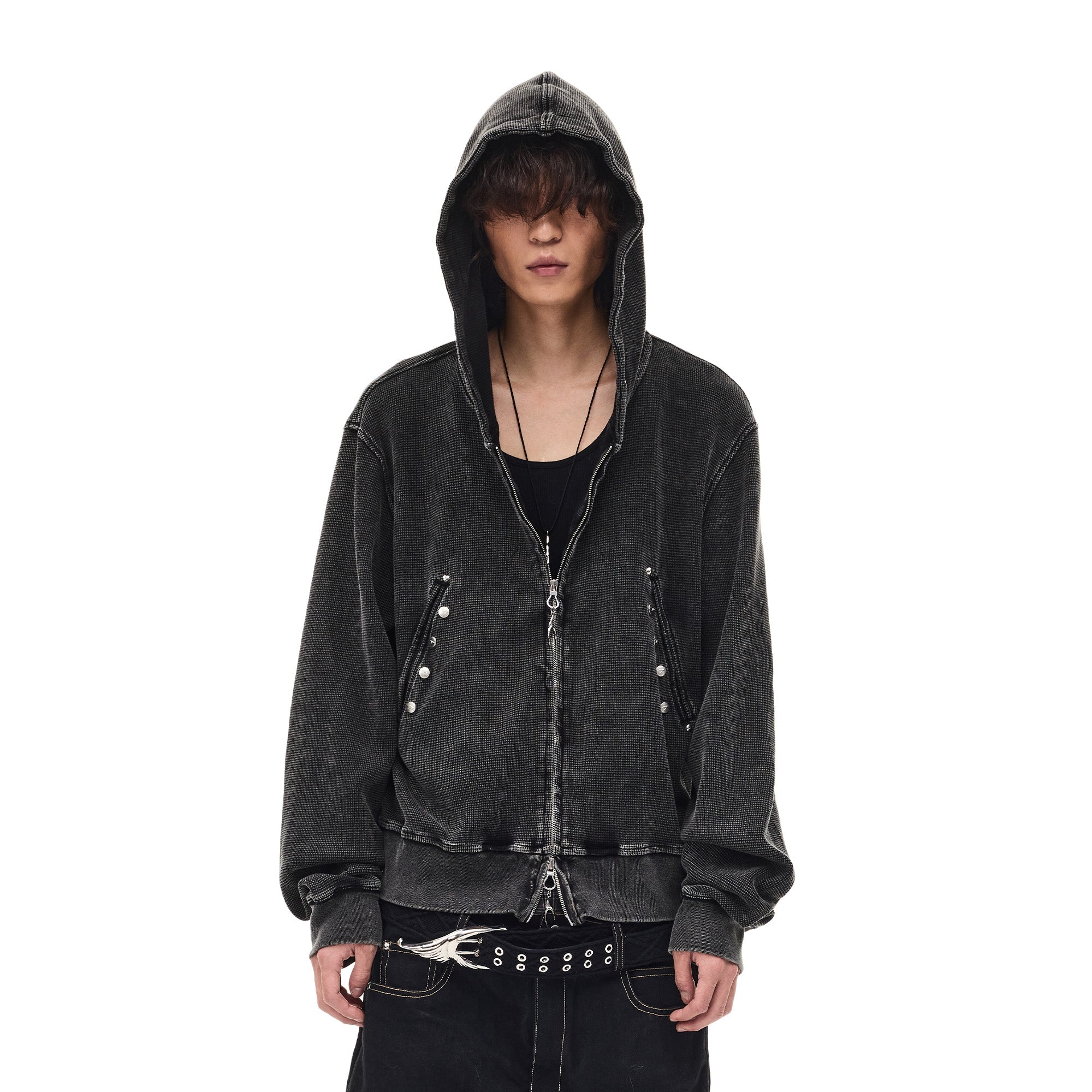 WHISTLEHUNTER Washed Waffle Studded Zip-Up Hoodie, premium urban and streetwear designers apparel on PROJECTISR.com, WHISTLEHUNTER