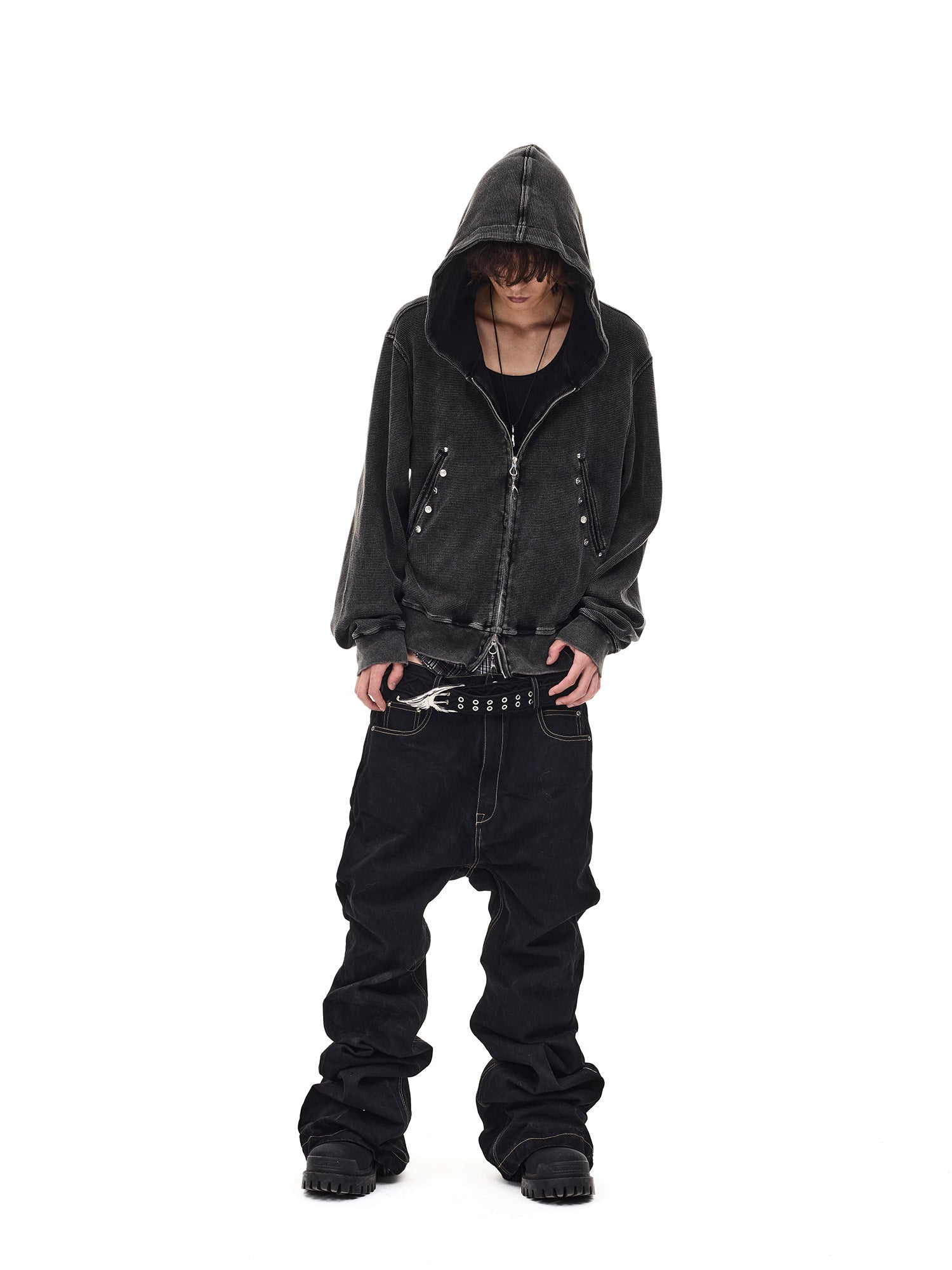 WHISTLEHUNTER Washed Waffle Studded Zip-Up Hoodie, premium urban and streetwear designers apparel on PROJECTISR.com, WHISTLEHUNTER